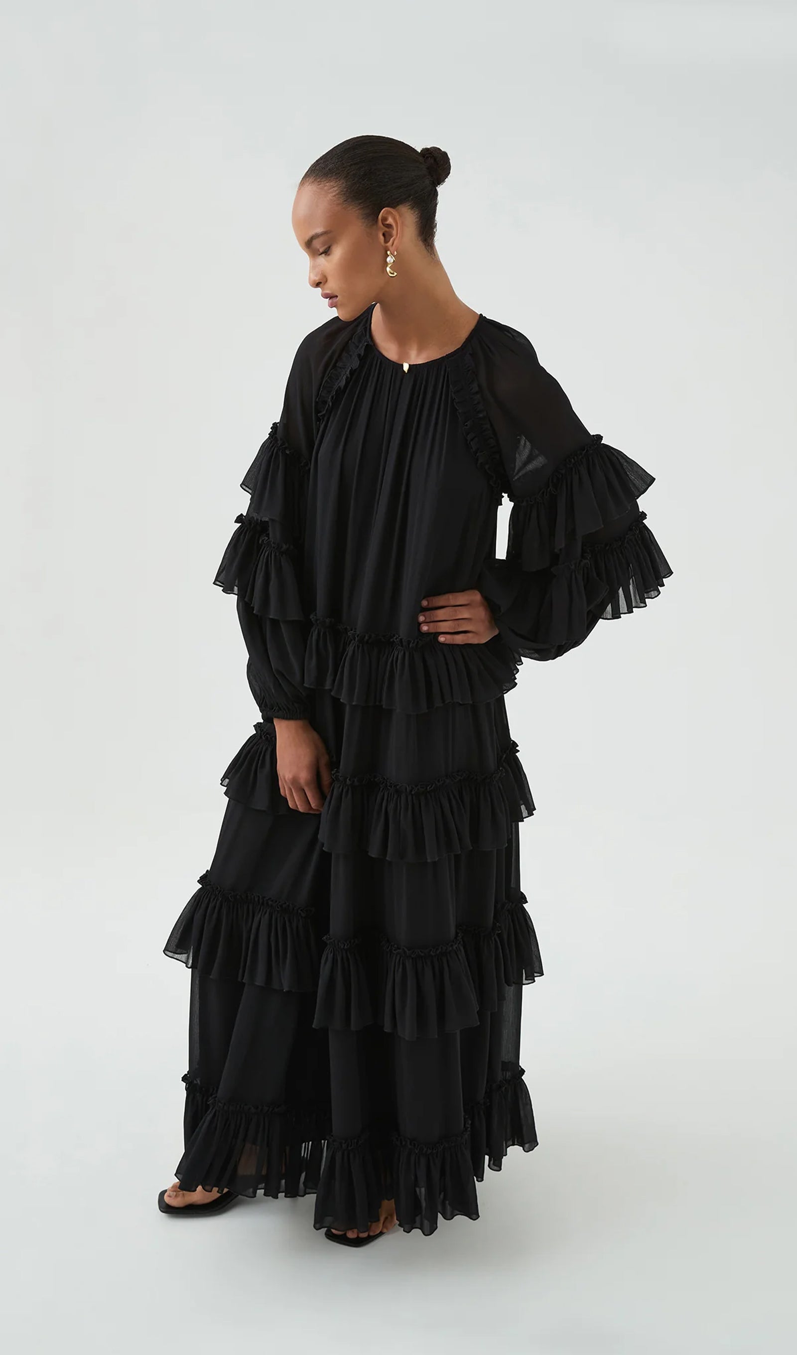Ruffle Tiered Puff Sleeve Maxi Dress