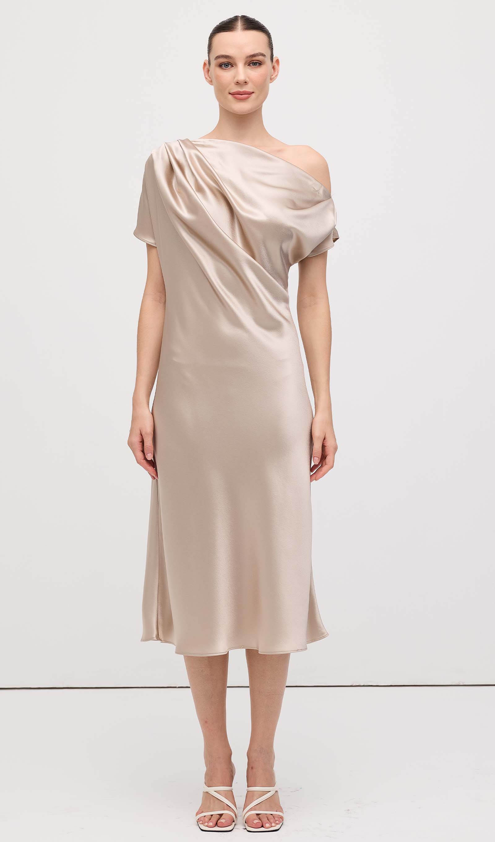 Asymmetric Satin Draped Midi Dress