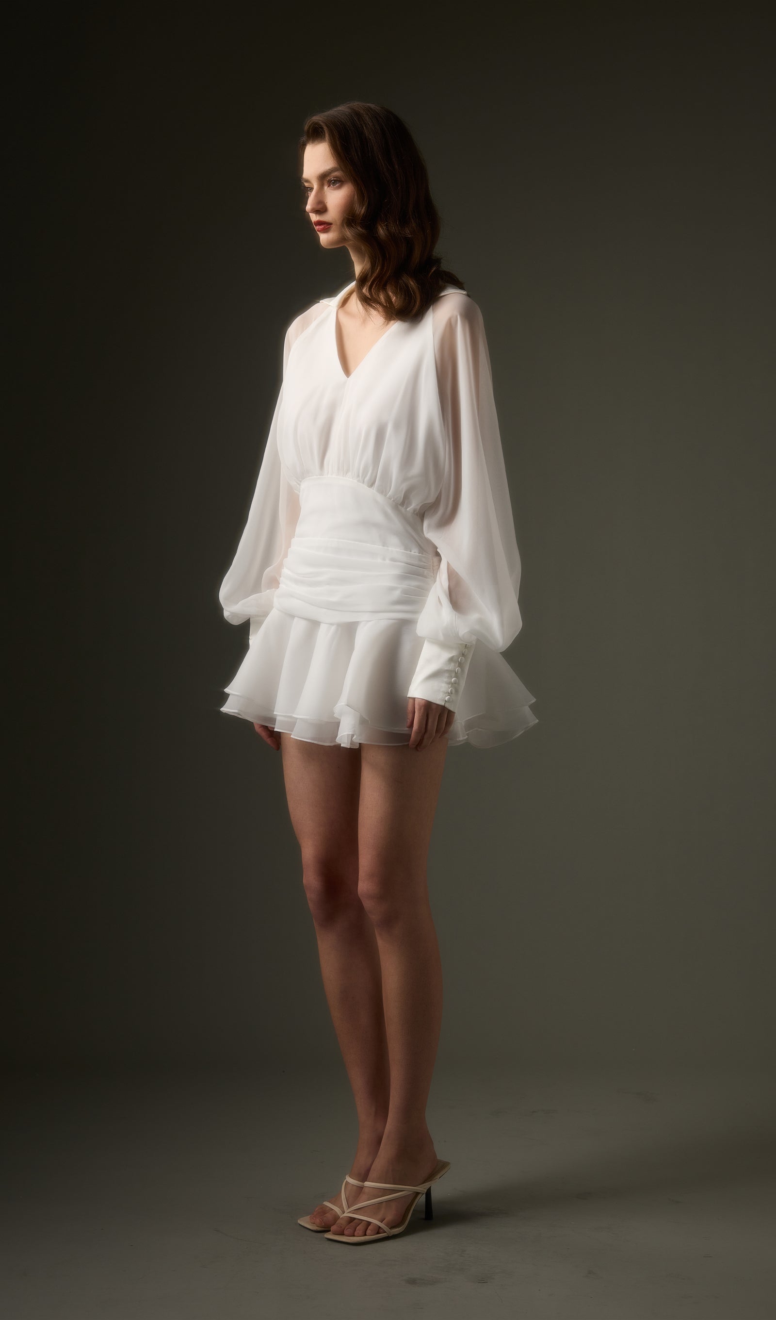 Solid Lantern Sleeve Mini Dress In White