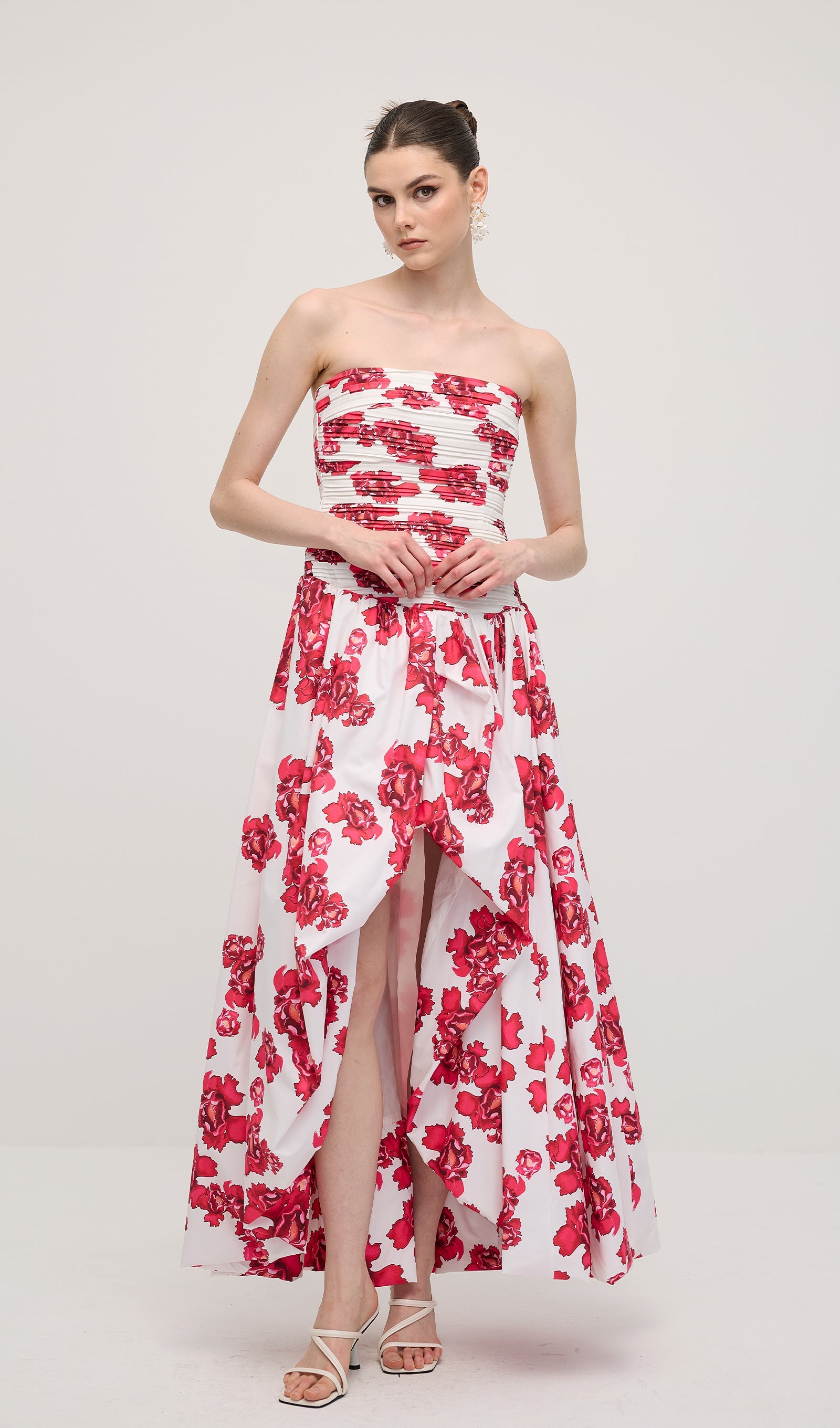 Sleeveless Ruched Draped Split Maxi Dress In Red Print