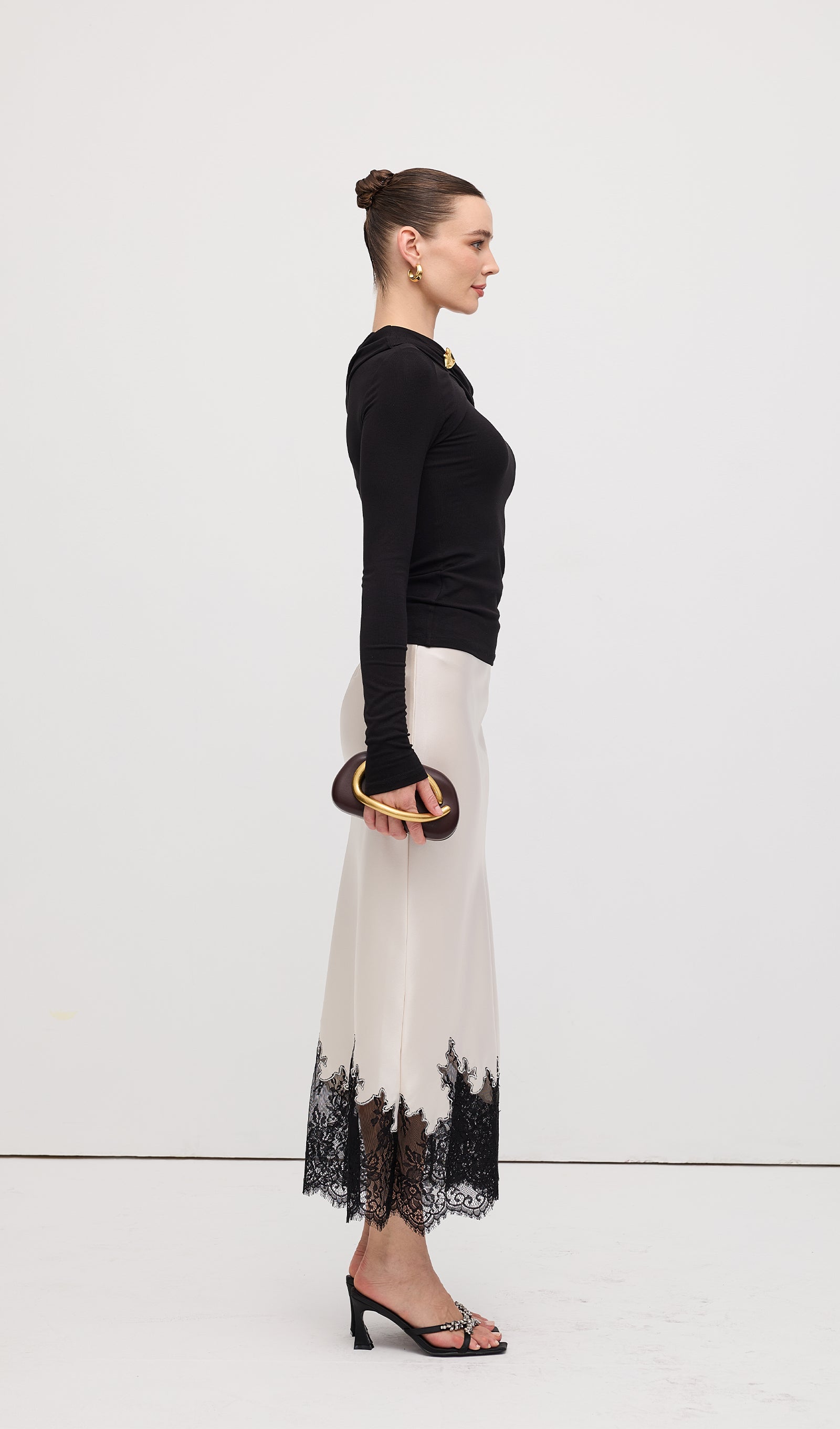 Lace Satin Midi Skirt