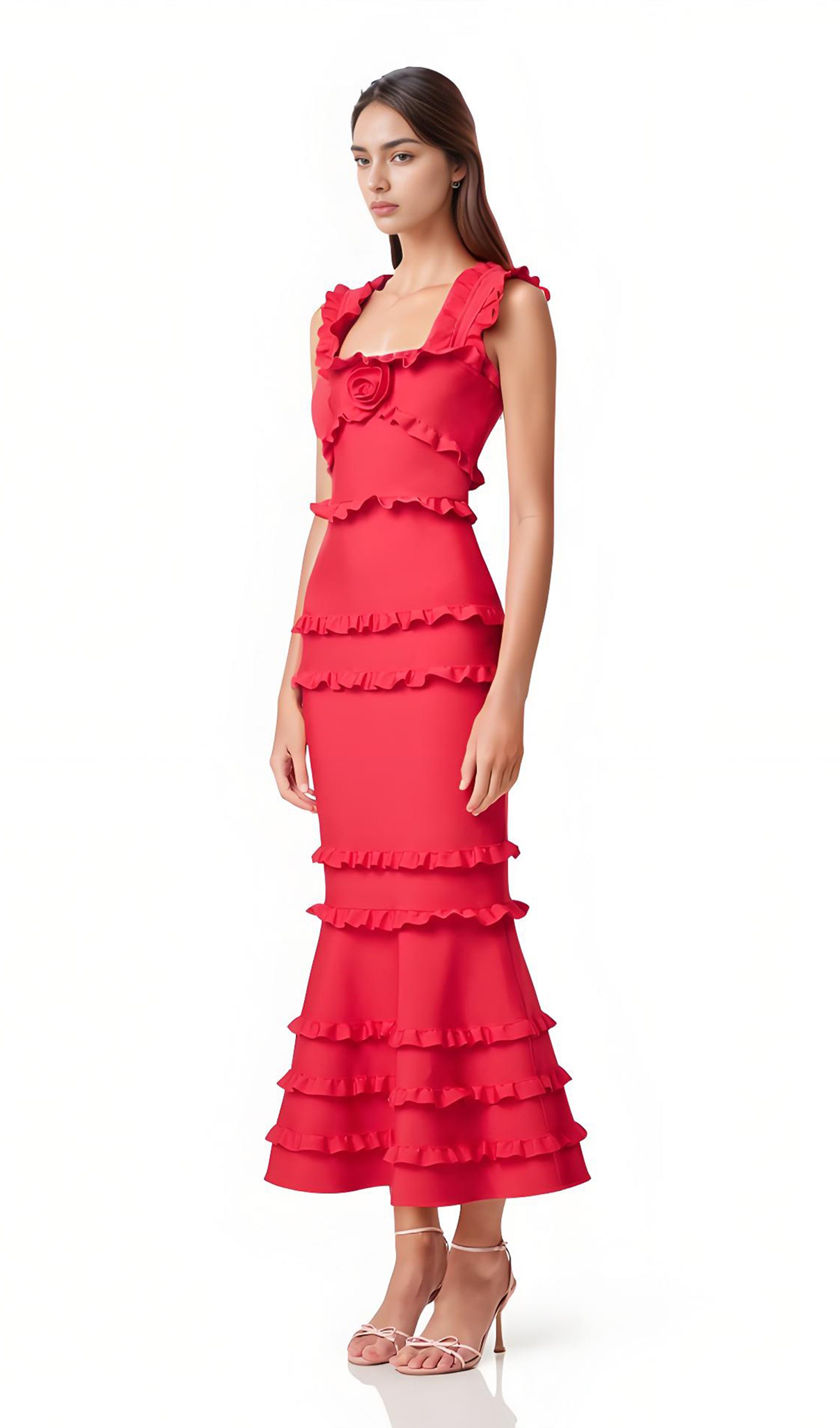 Sleeveless Frill Maxi Dress In Red