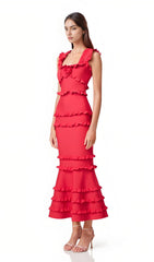 Sleeveless Frill Maxi Dress In Red