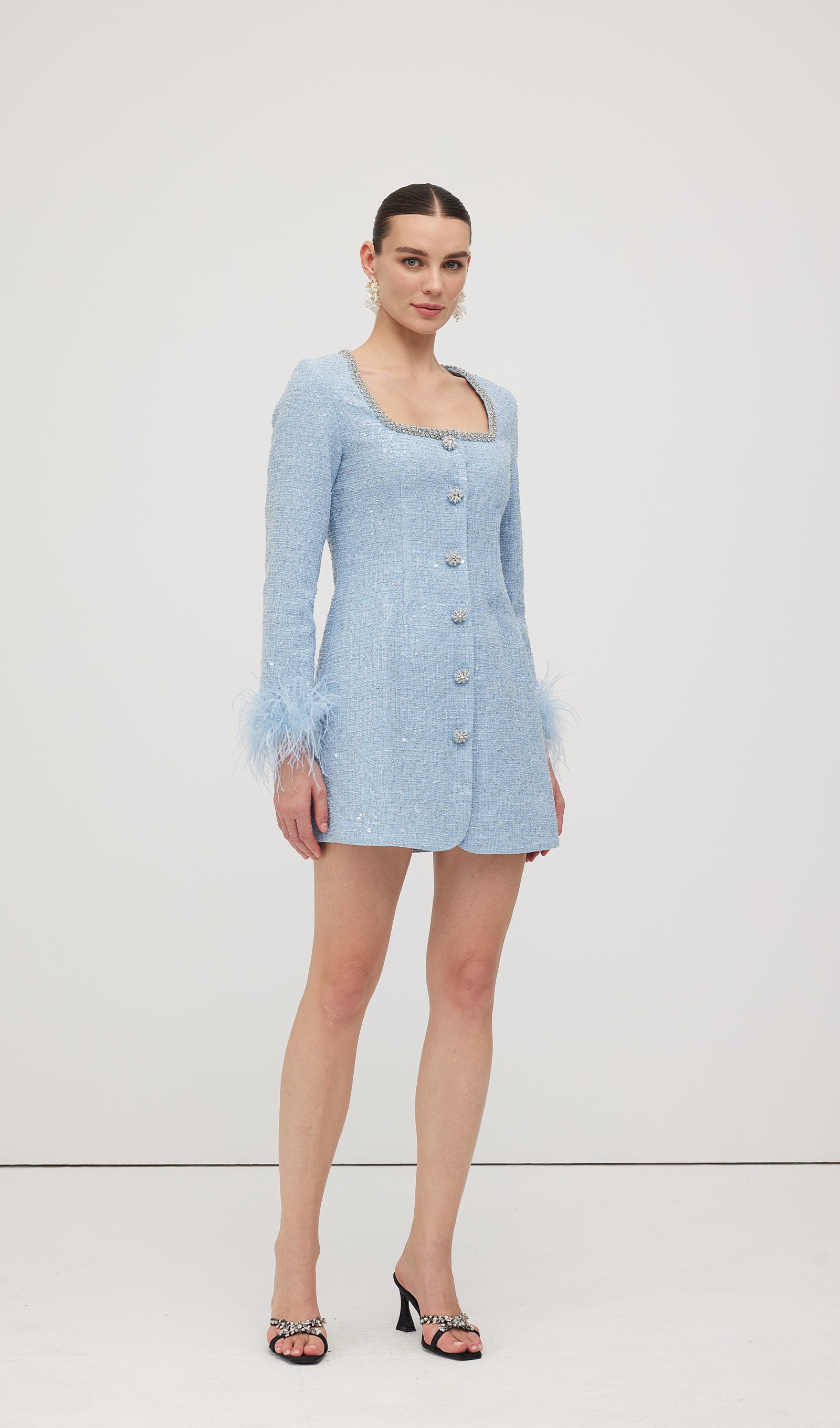 Sequin Boucle Feather Mini Dress