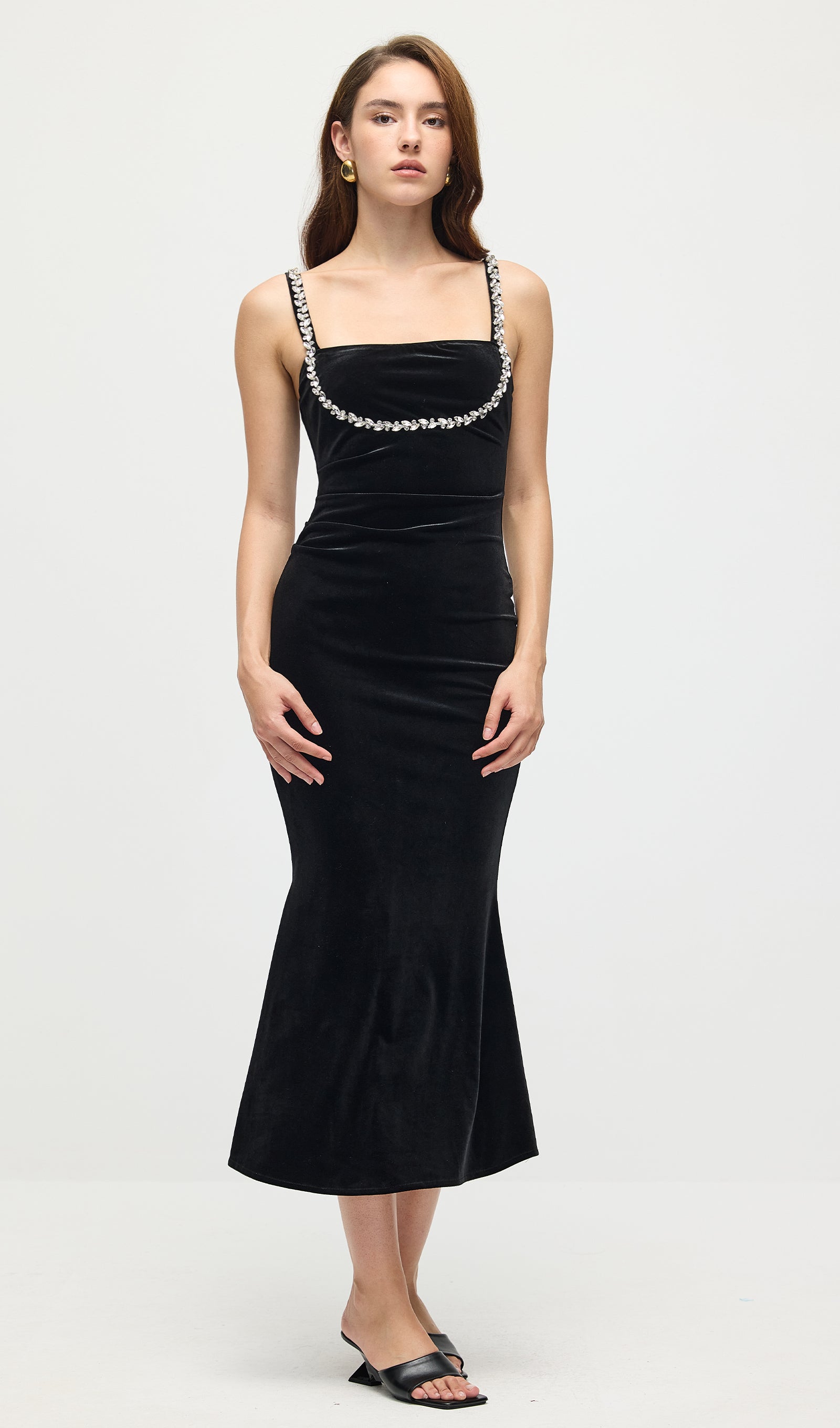 Embellished Sleeveless Velvet Midi Dress In Black
