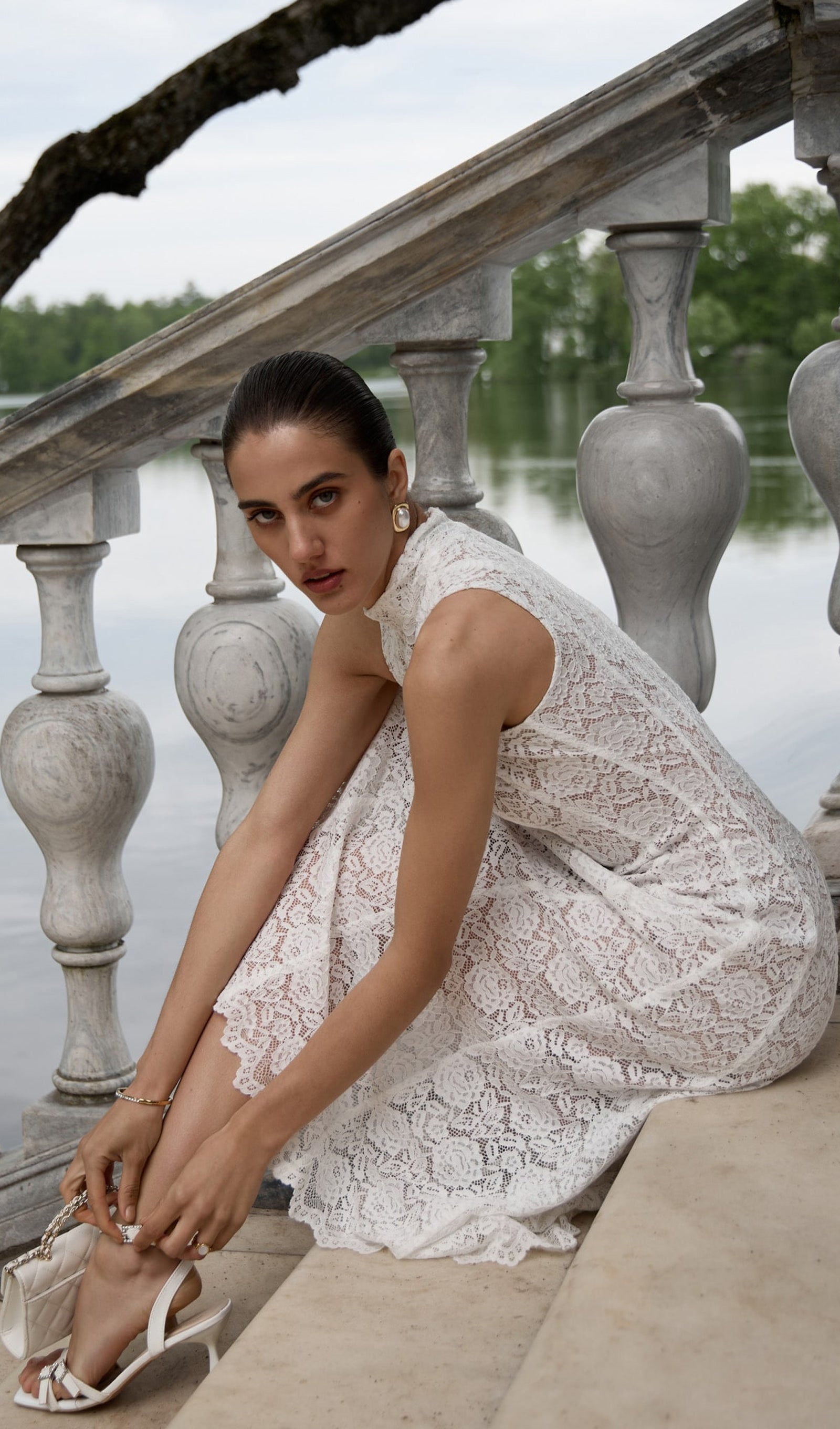 Guipure Midi Dress With High Collar