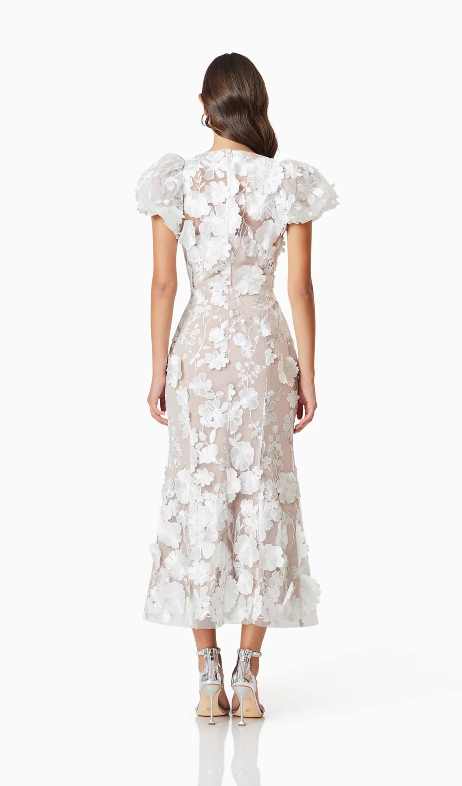 Floral 3D Lace Midi Dress In White