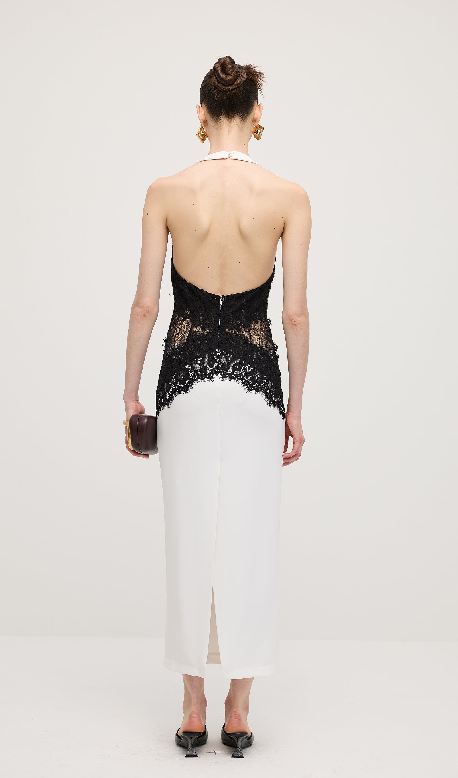 Open Back Maxi Dress In Crepe & Lace