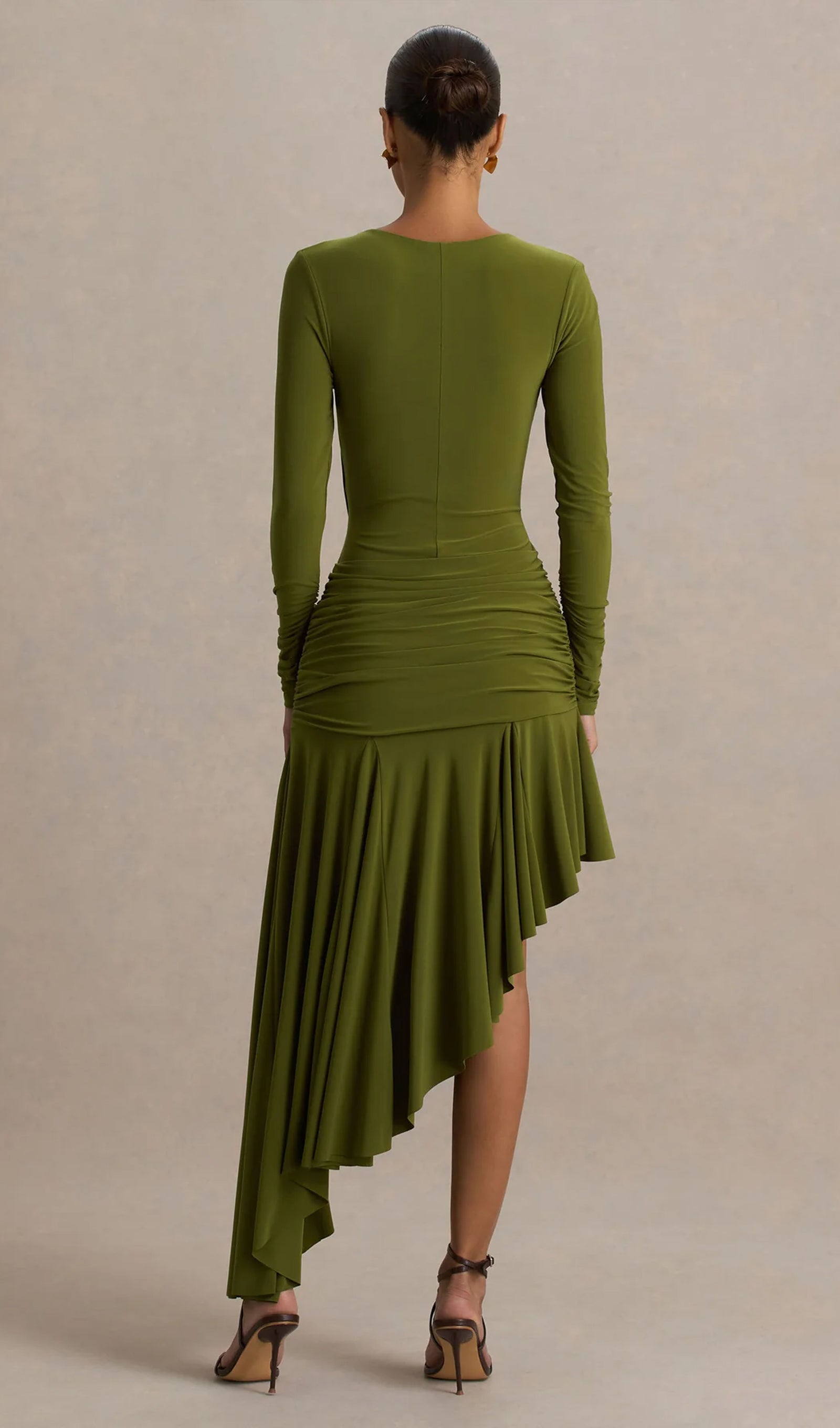 Asymmetric-Neck Midi Dress With Embellishment In Green