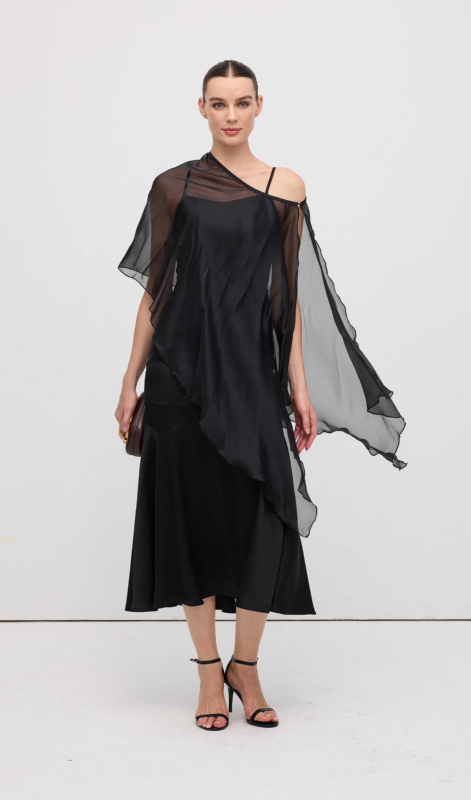 Asymmetric Cape With Satin Midi Dress