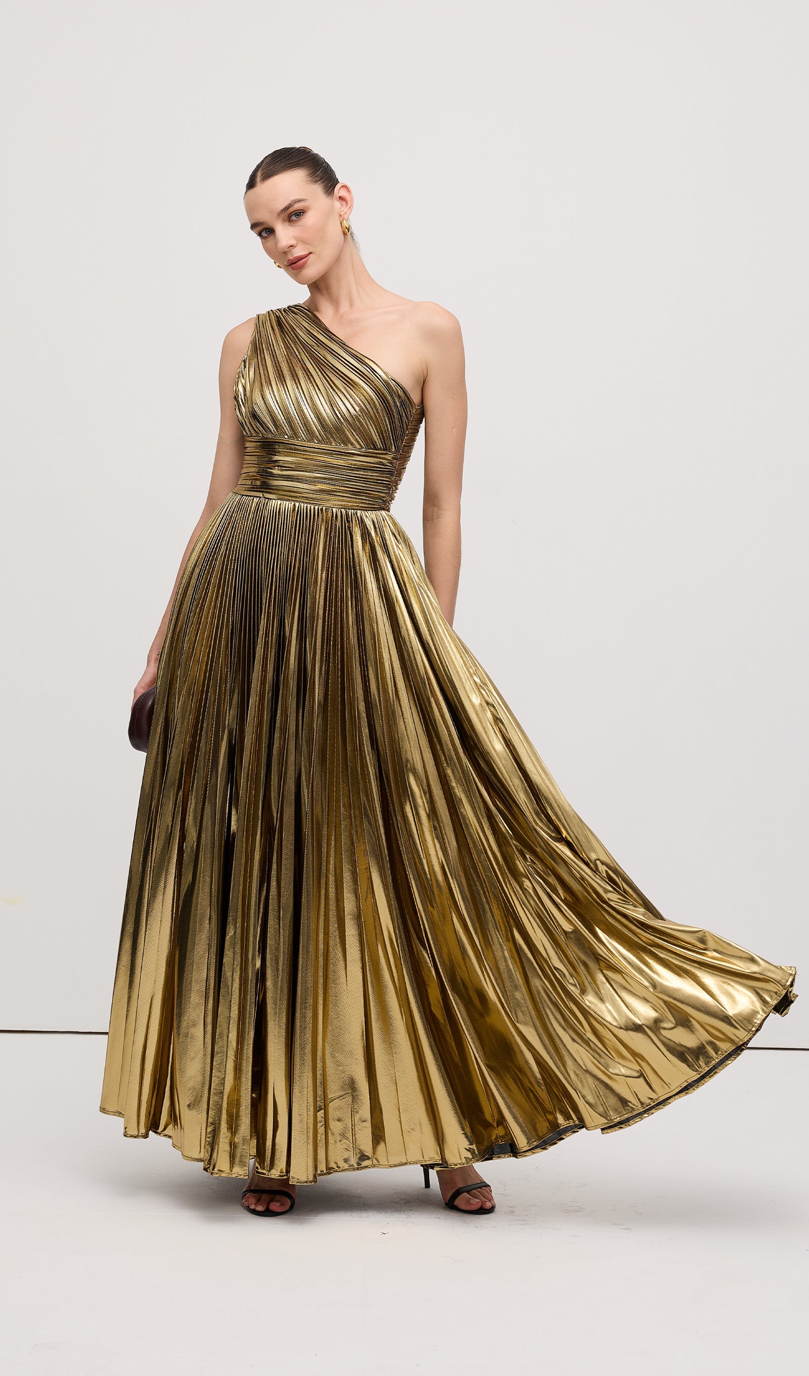 Pleated Metallic One Shoulder Maxi Dress