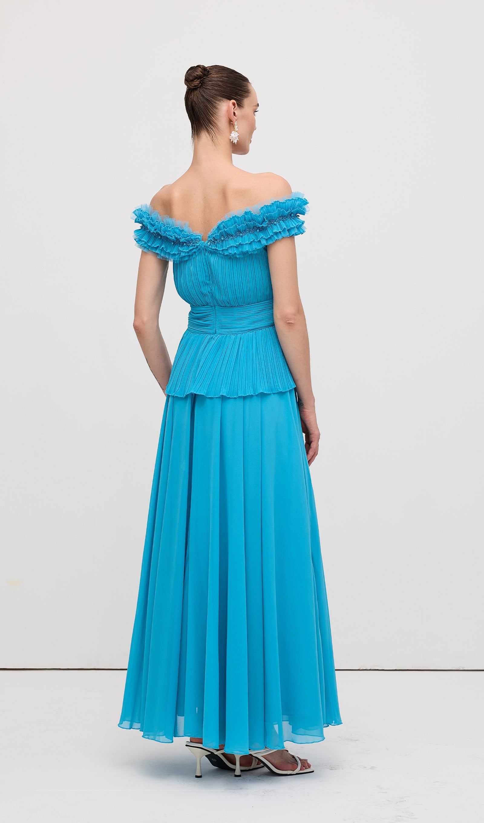 Solid Tiered Pleated Strapless Gown Maxi Dress