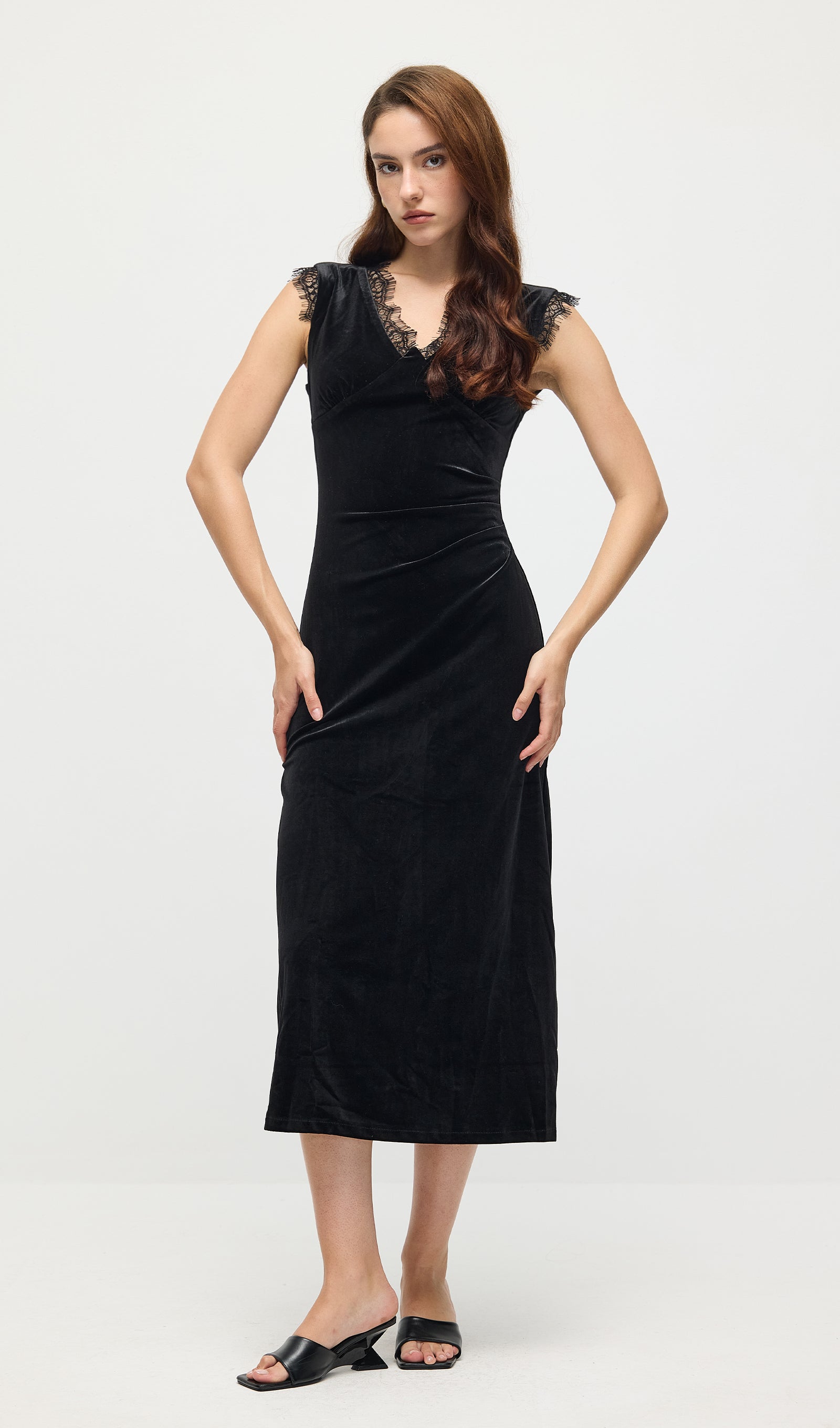 Lace Trimmed Velvet Midi Dress