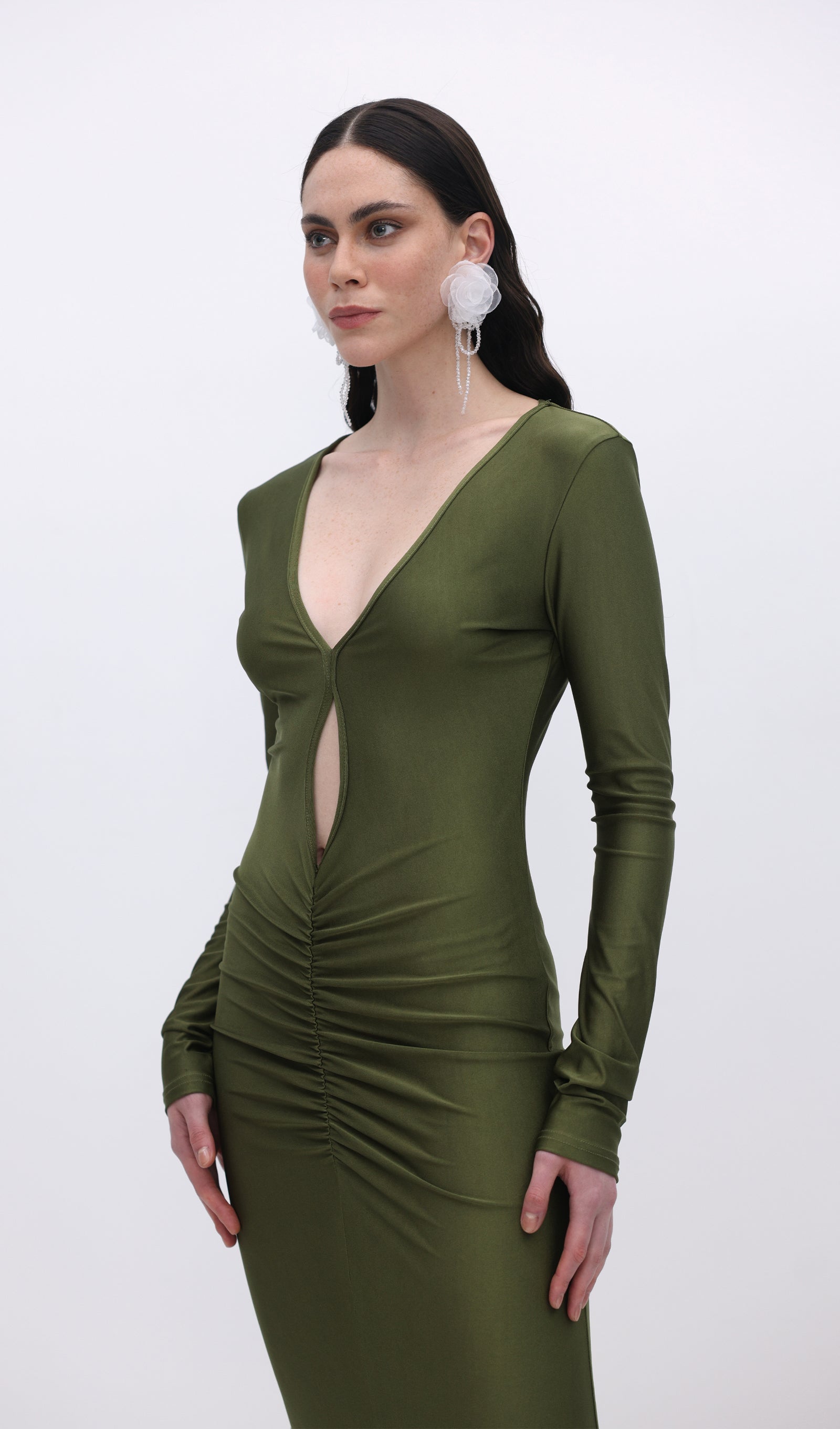 V Neck Ruched Maxi Dress