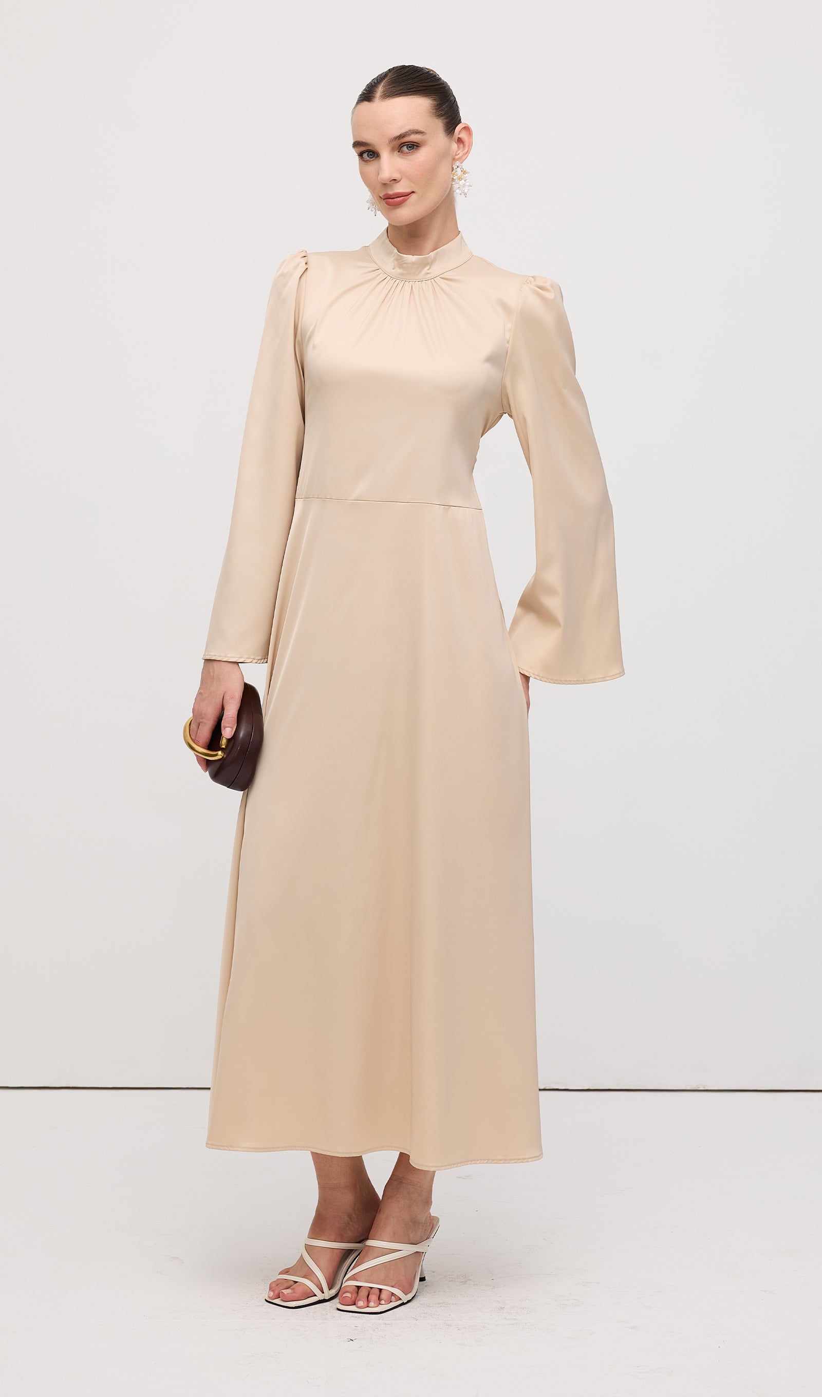 Solid Satin Long Sleeve Maxi Dress