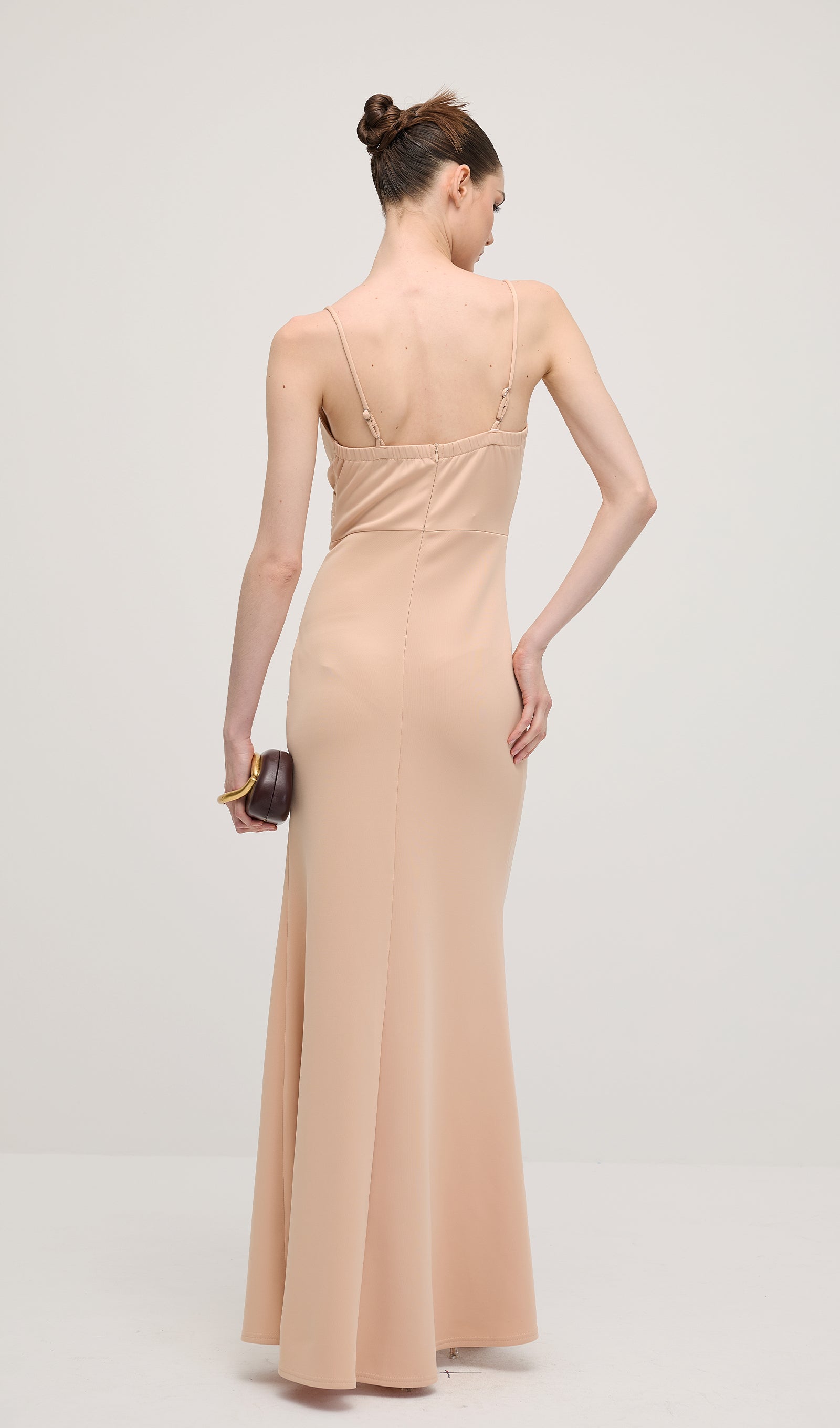V Neck Sleeveless Slit Maxi Dress In Apricot