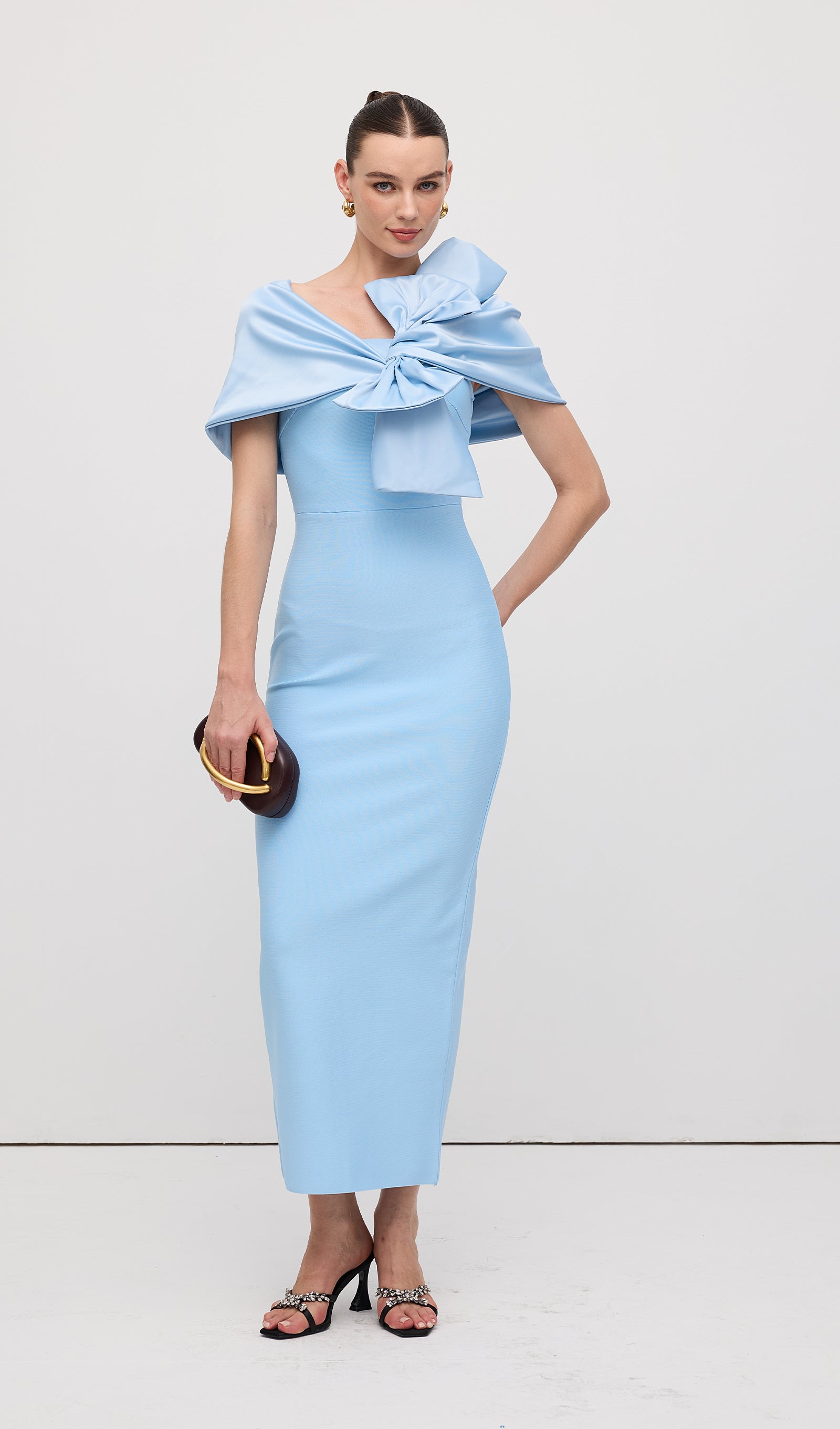 Shawl Strapless Collar Satin Maxi Dress