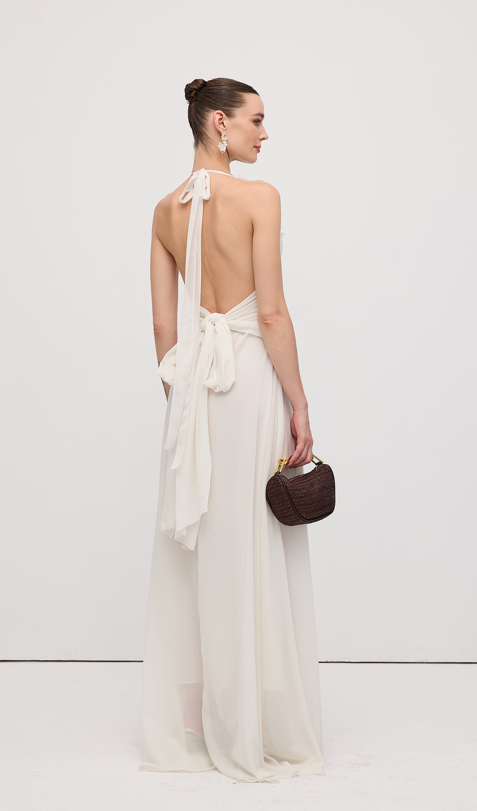 Halter Ruffles Rose Decoration Maxi Dress White