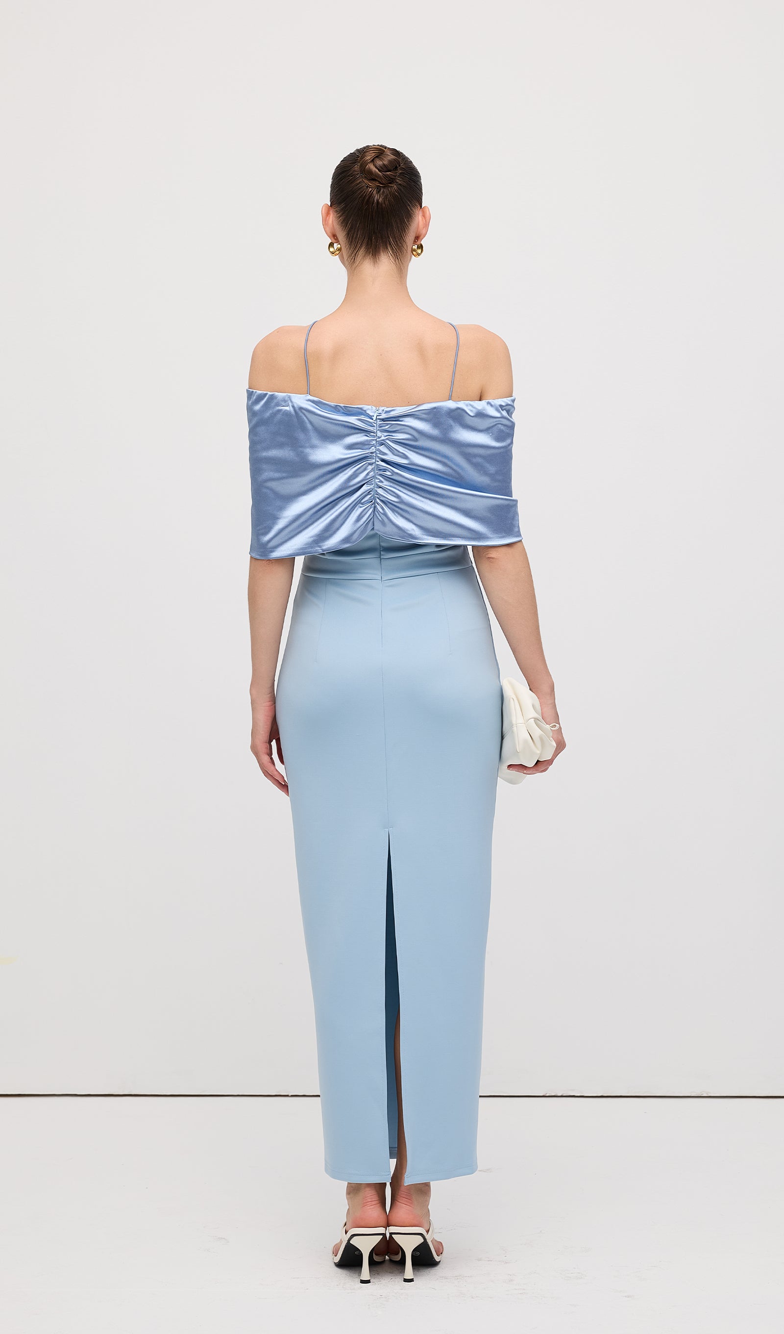 Off Shoulder Draped Satin Maxi Dress