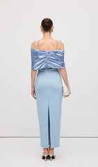 Off Shoulder Draped Satin Maxi Dress