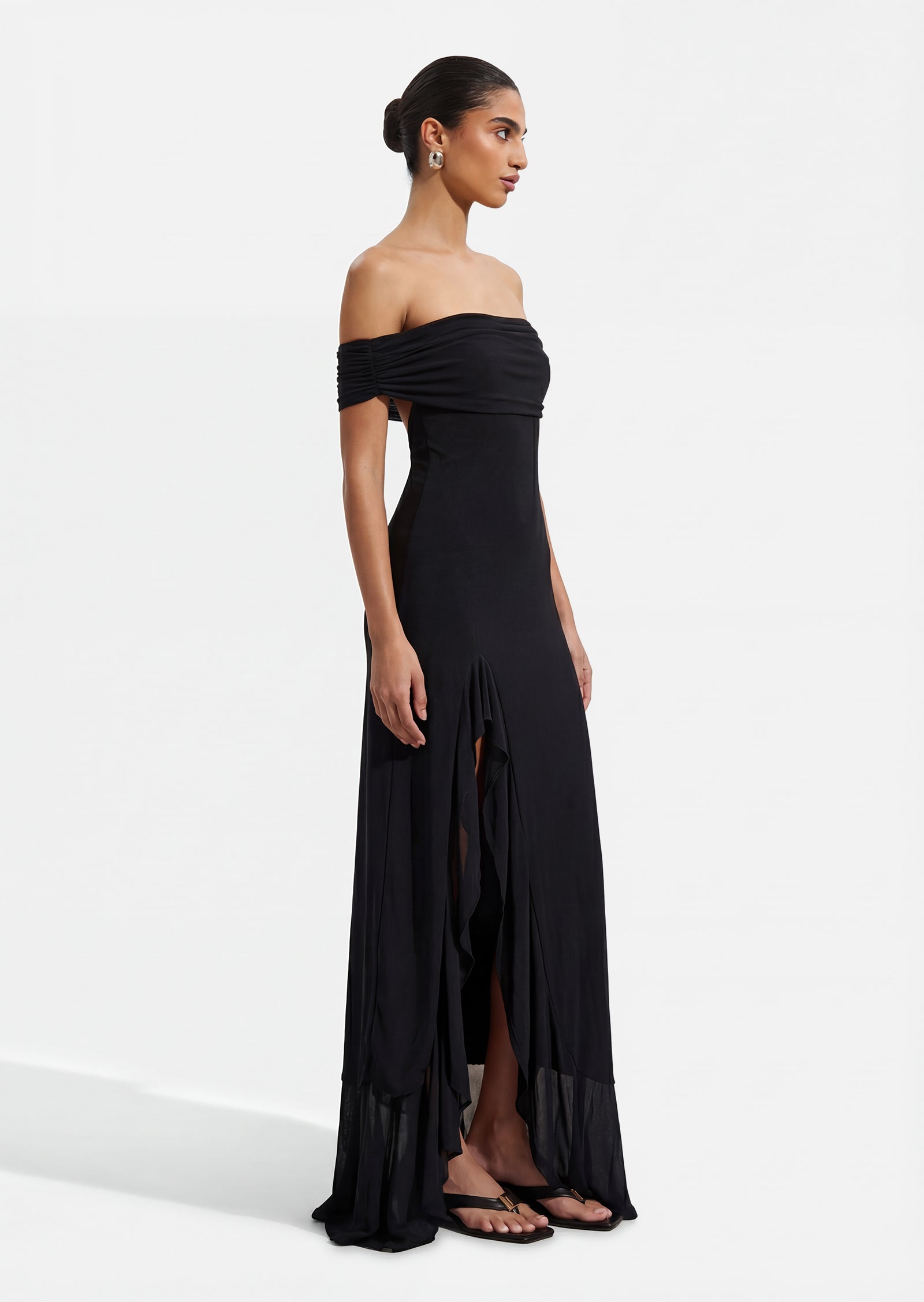 Off Shoulder Mesh Maxi Dress In Black