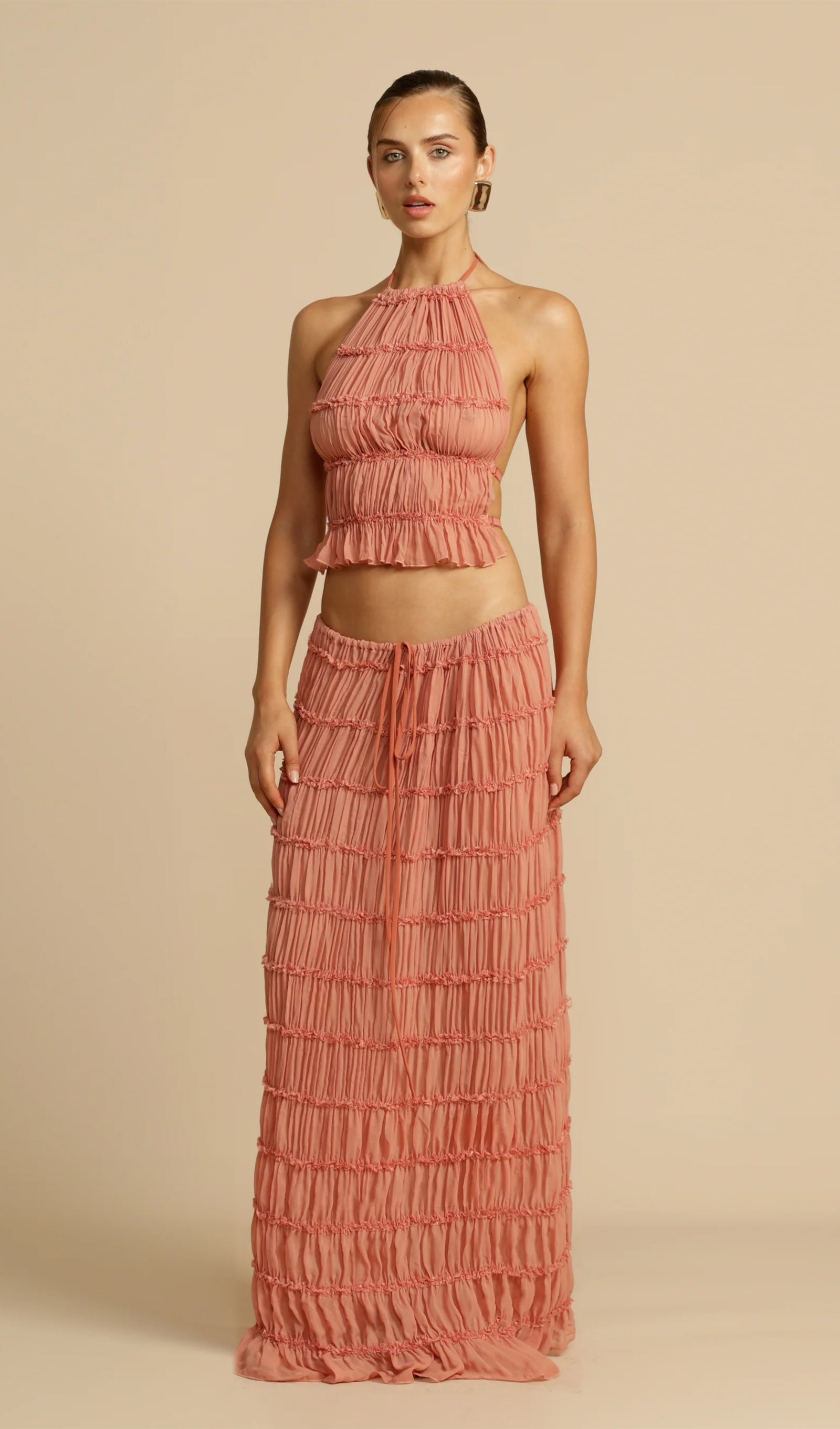 Halter Top & Ruched Detail Maxi Skirt Sets