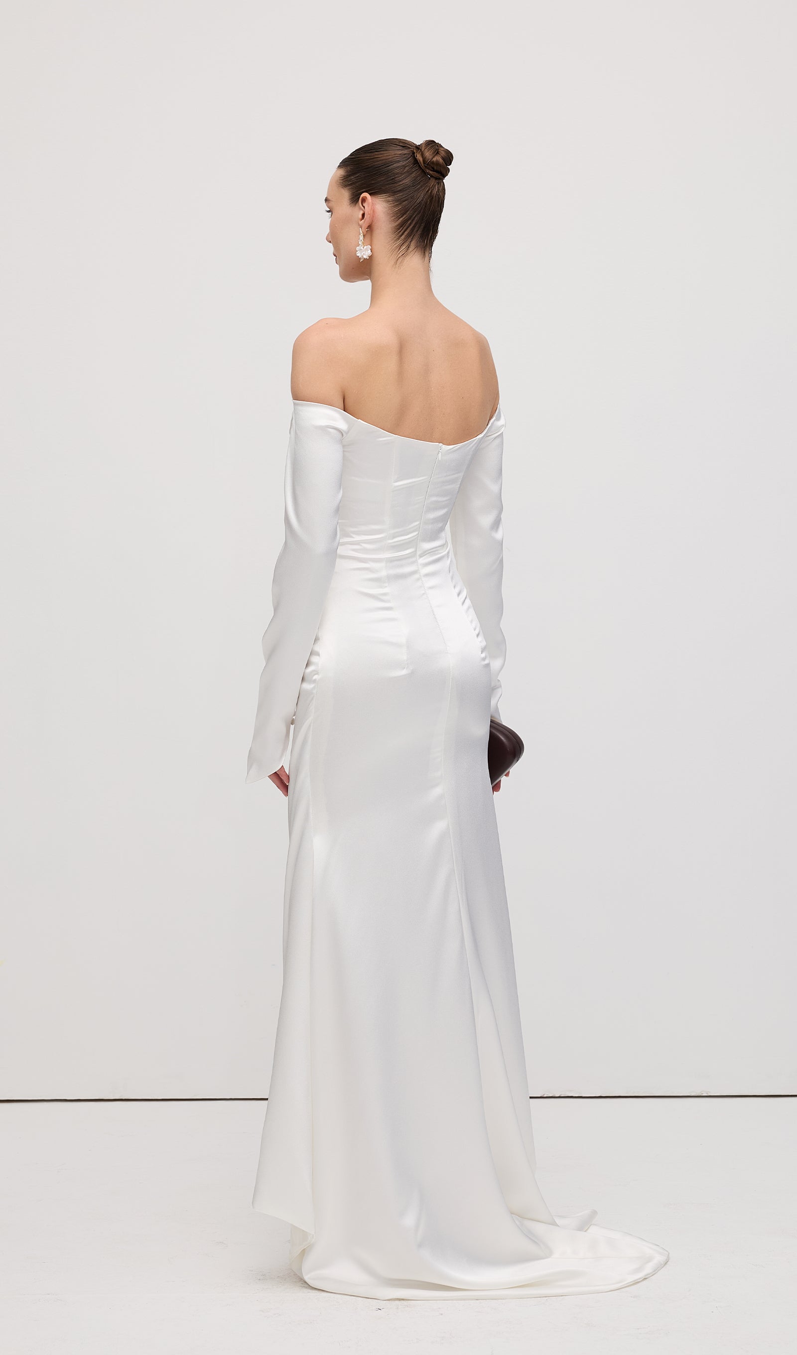 Satin Off Shoulder Ruched Maxi Dress