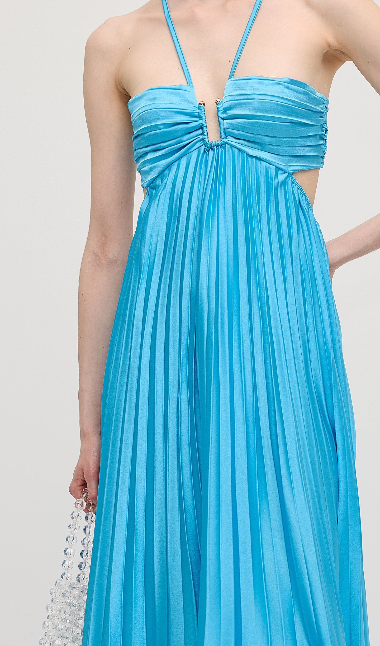 Solid Cut Out Tie Back Plisse Maxi Dress In Blue