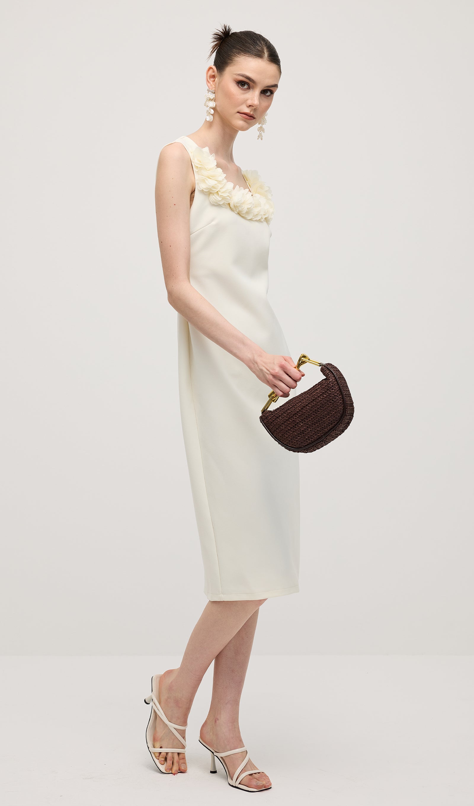 Square Neck 3D Petal Appliques Midi Dress