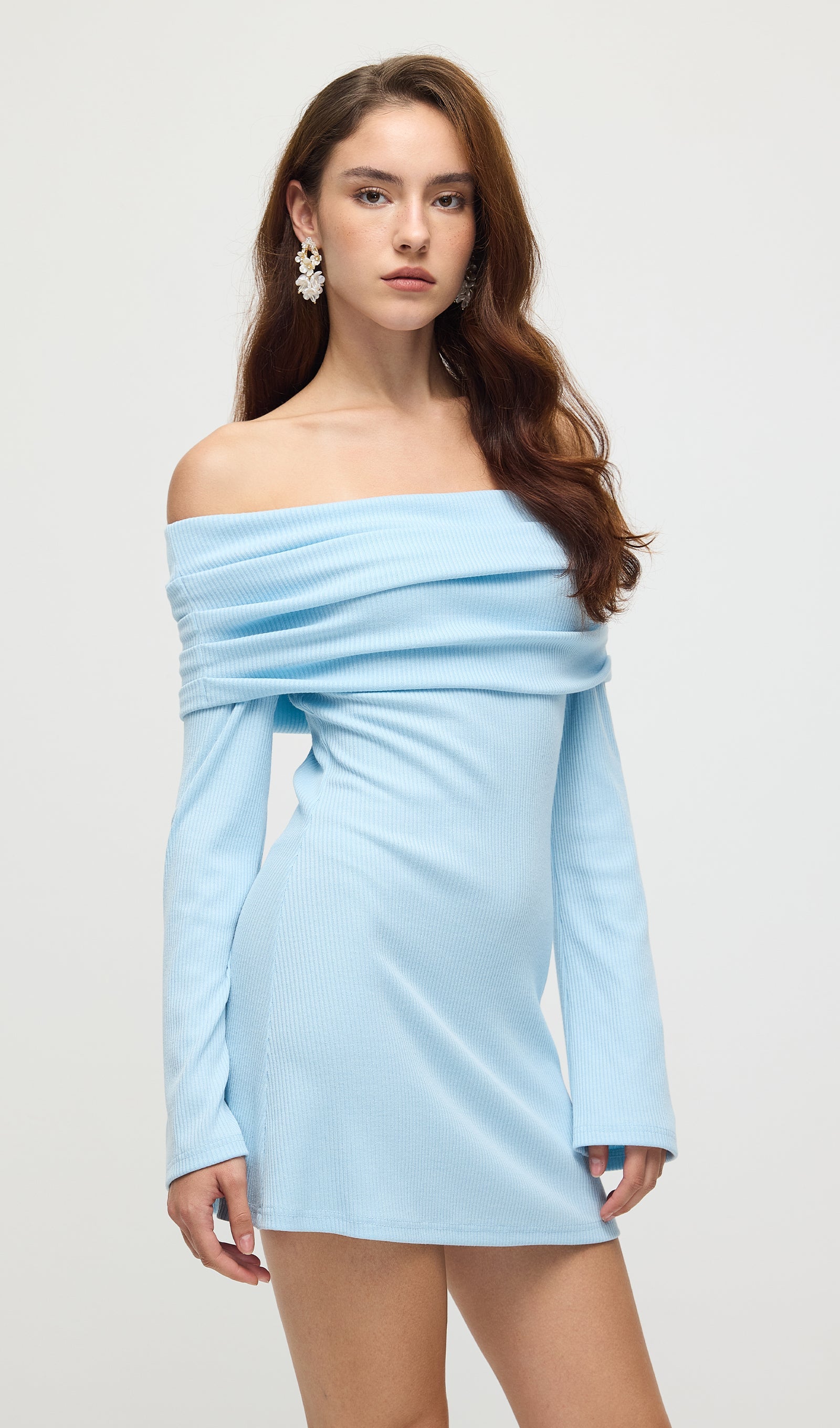 Off Shoulder Rib Knit Mini Dress In Baby Blue