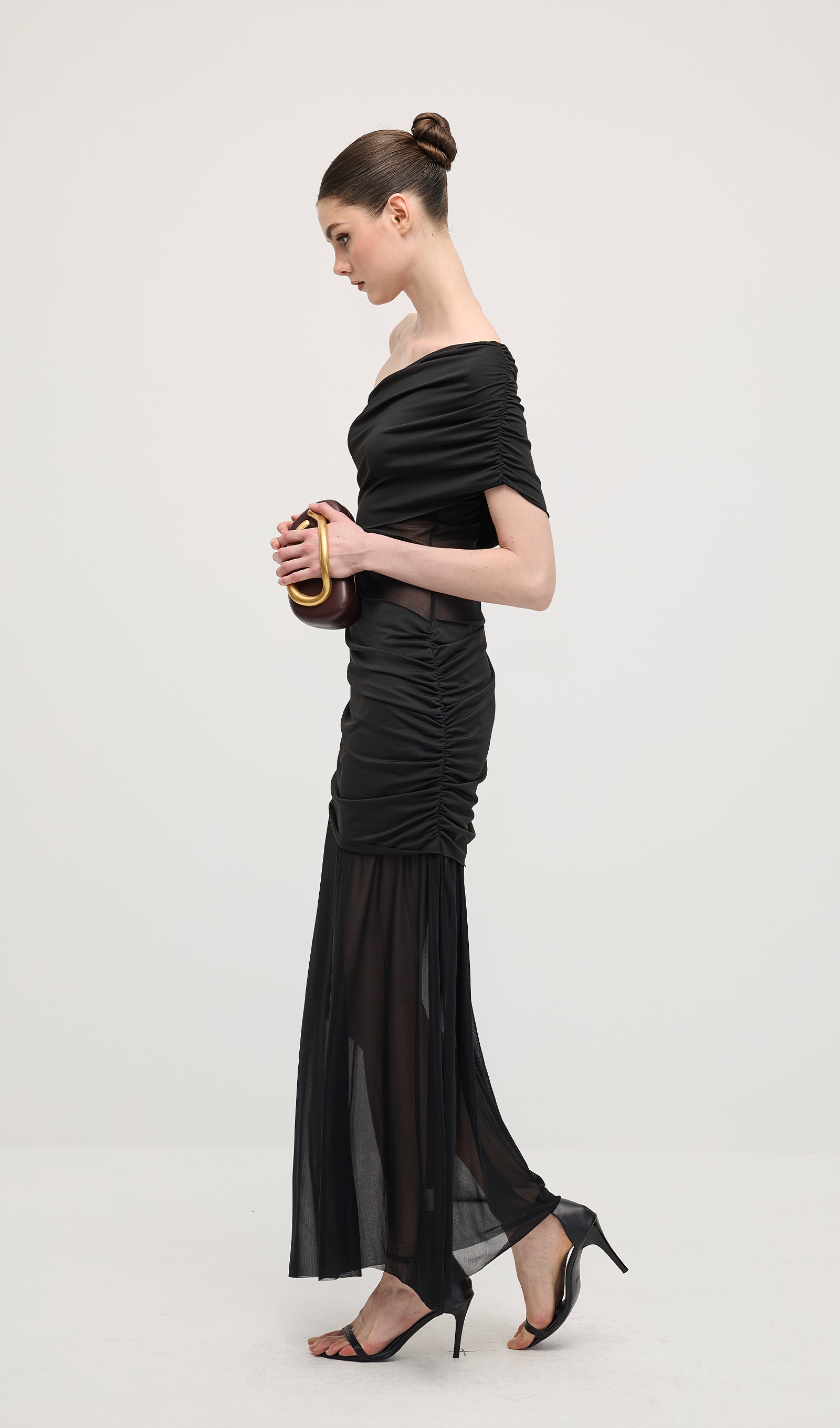 One Shoulder Mesh Maxi Dress In Black