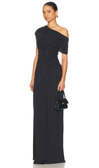 Off Shoulder Pleated Maxi Dress In Black
