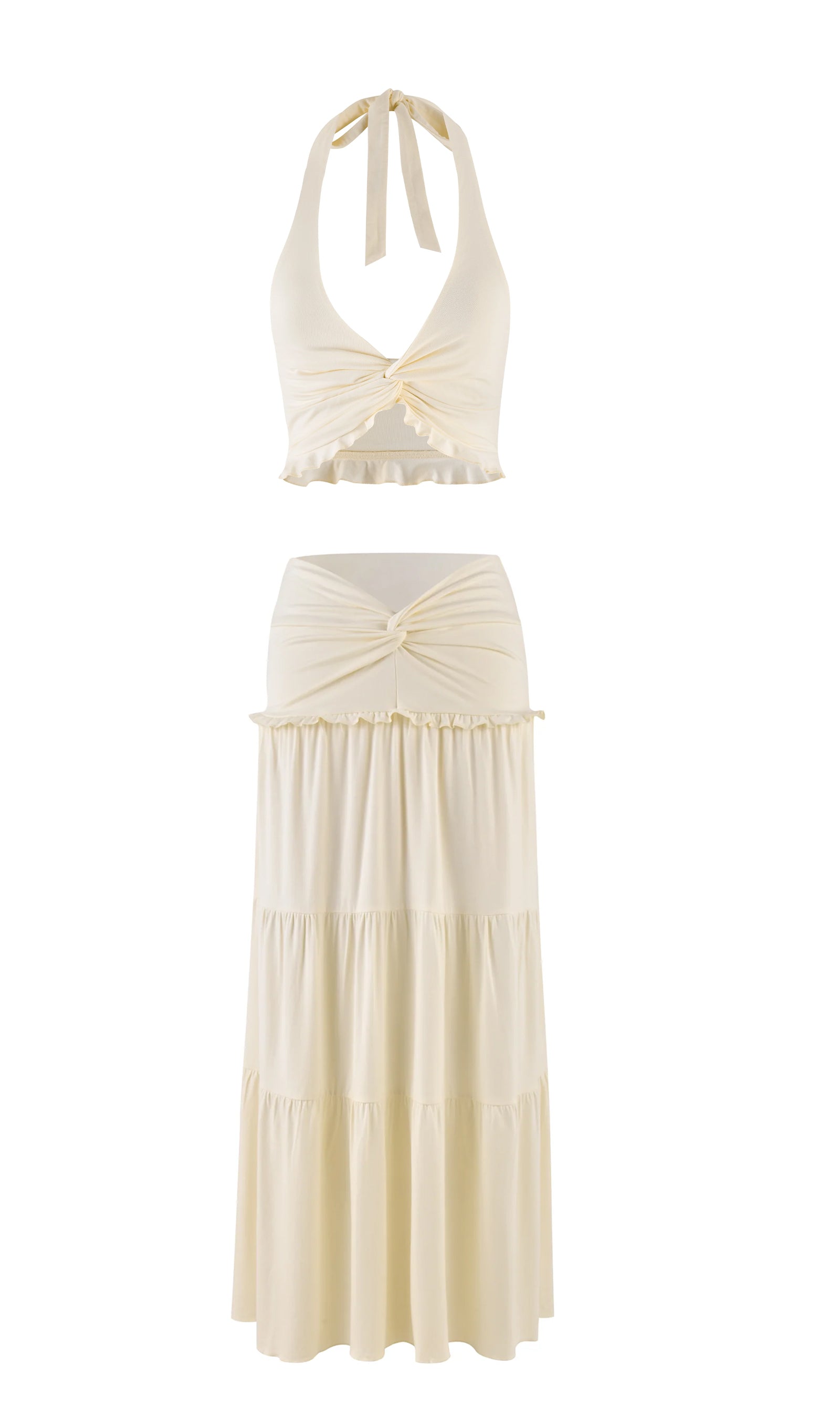 Halter Top & Twist Ruffled Maxi Skirt Sets White