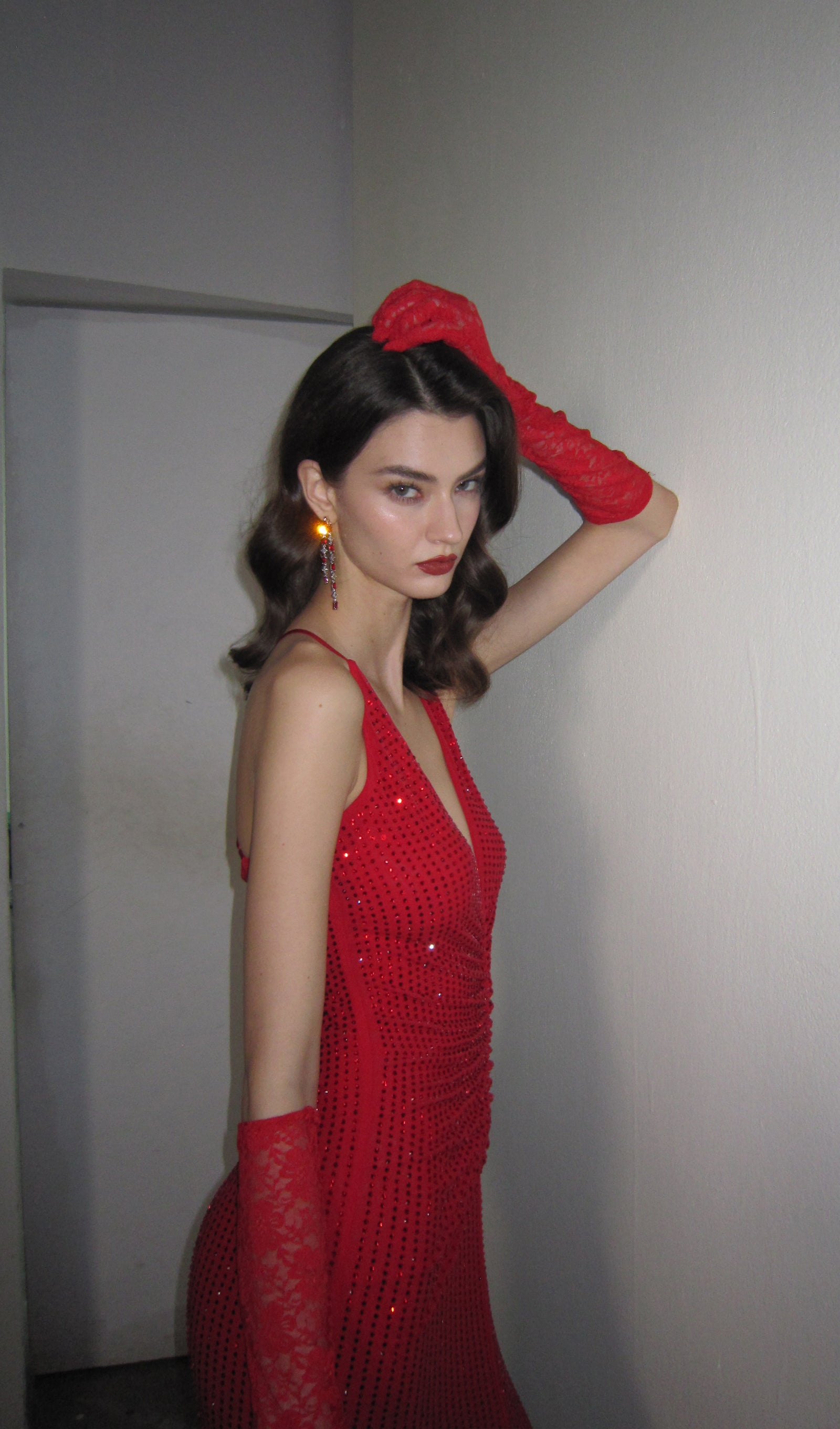 Diamante Ruched Midi Dress In Red