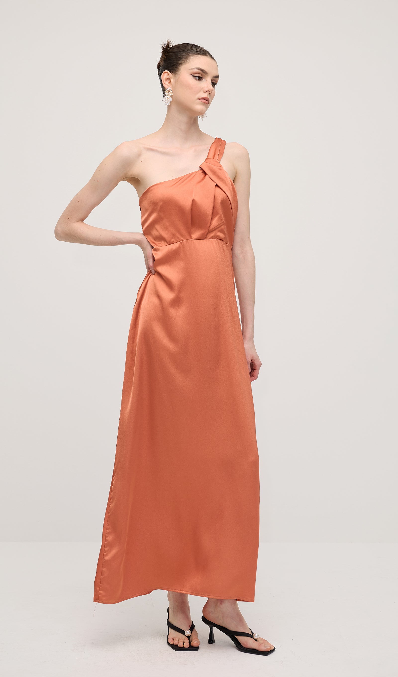 One Shoulder Draping Feature Midi Dress In Rose Brown