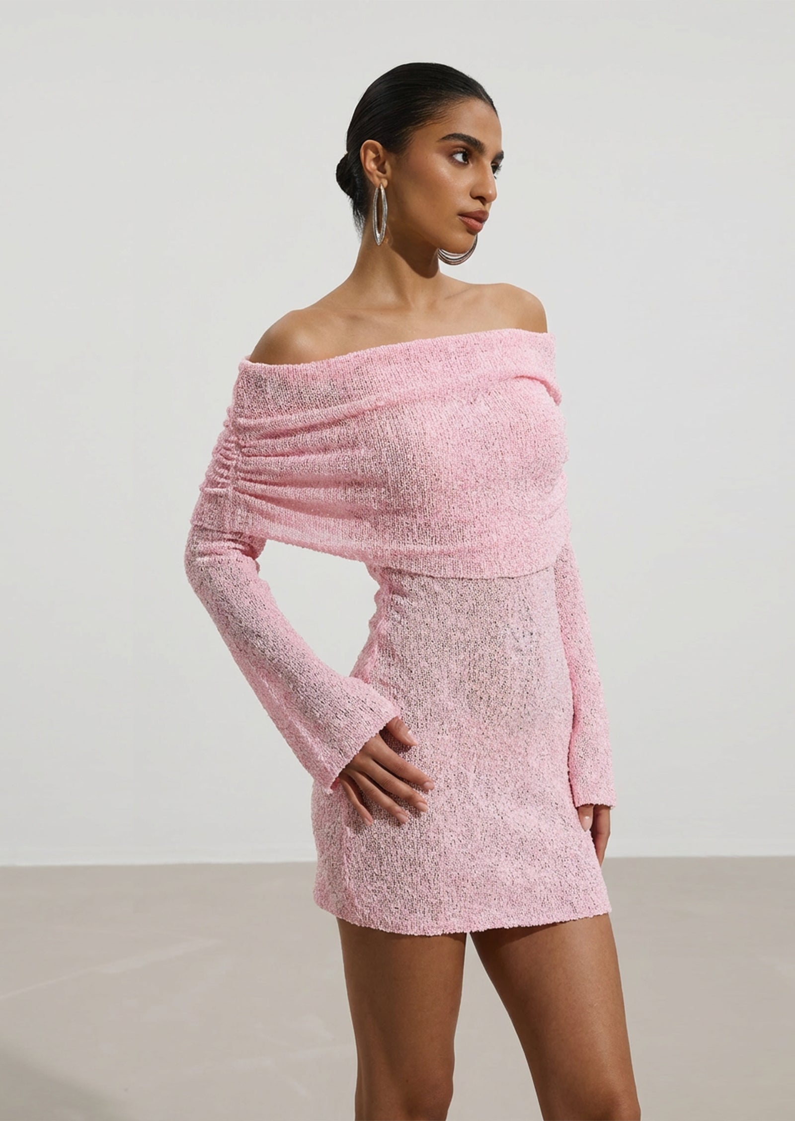 Off Shoulder Boucle Knit Mini Dress In Pink