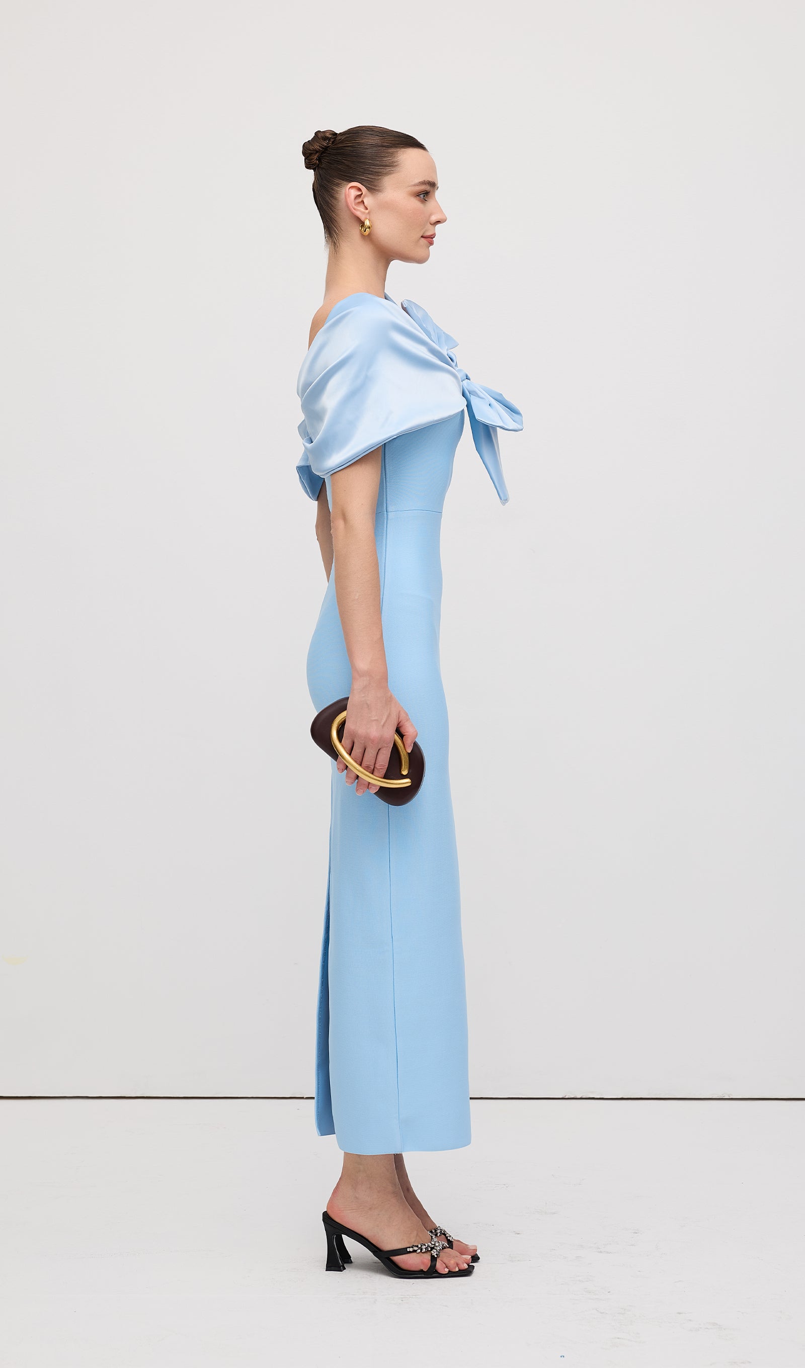 Shawl Strapless Collar Satin Maxi Dress