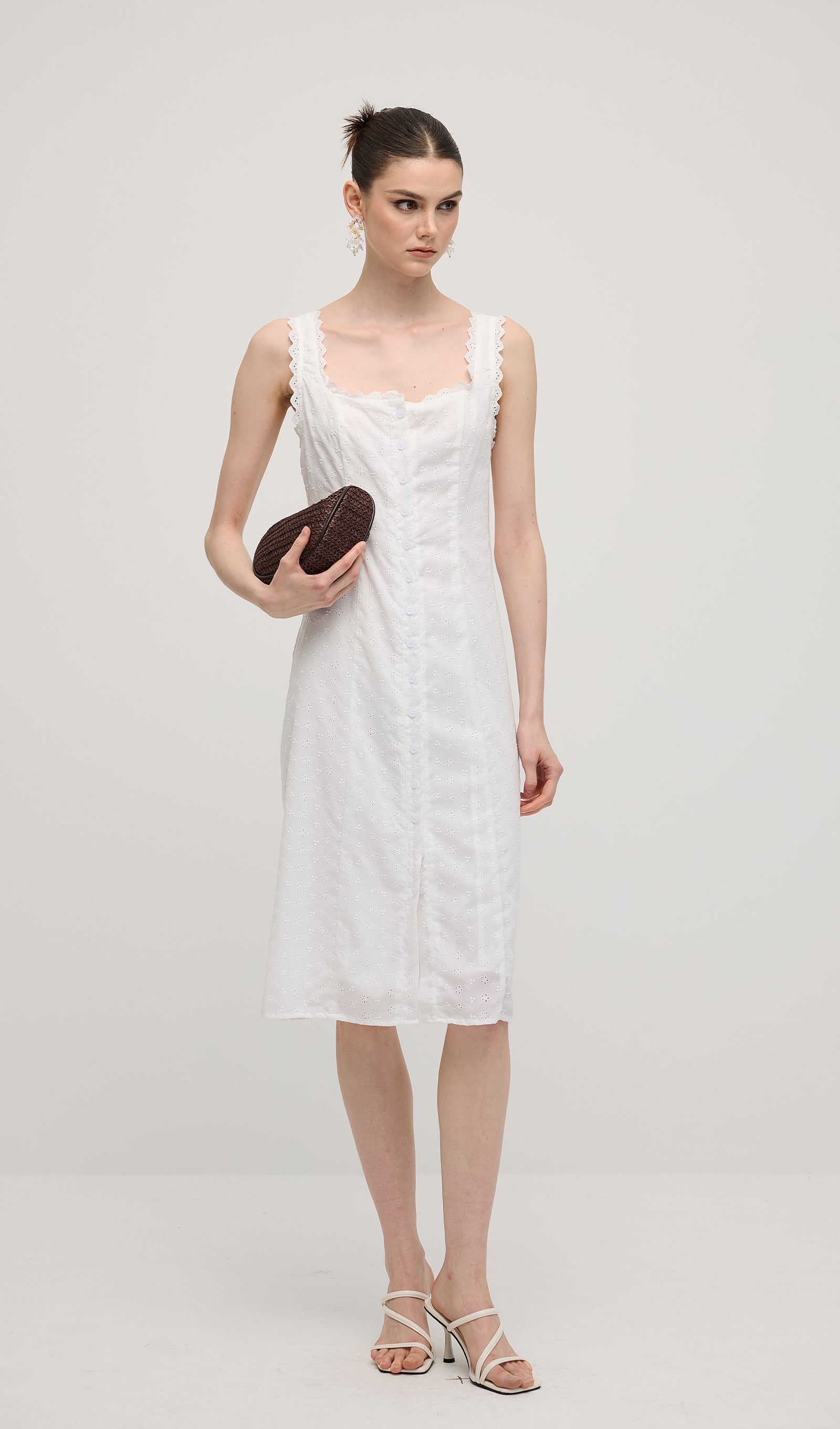 Solid Eyelet Sleeveless Midi Dress