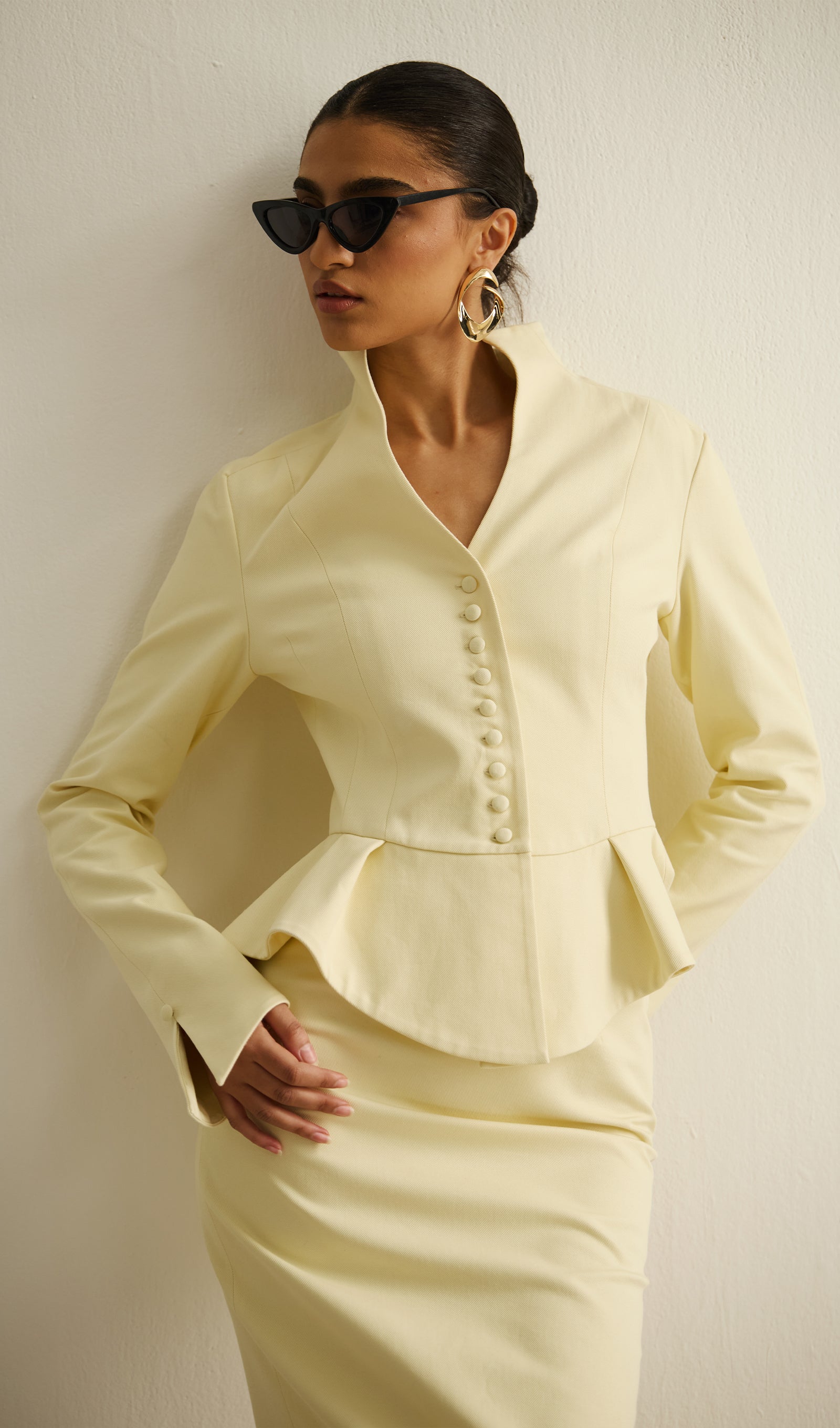 Solid Peplum Jacket & Slit Midi Skirt Set