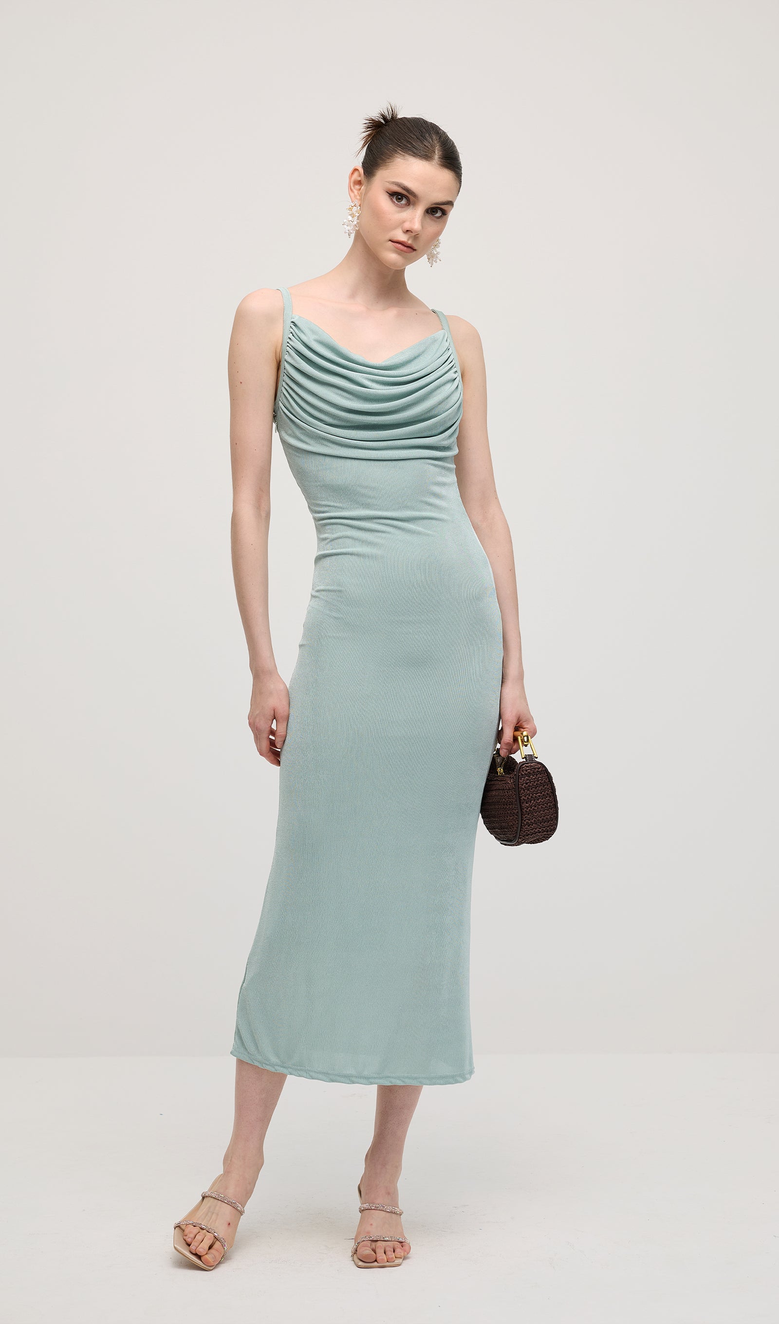 Solid Ruched Sleeveless Midi Dress