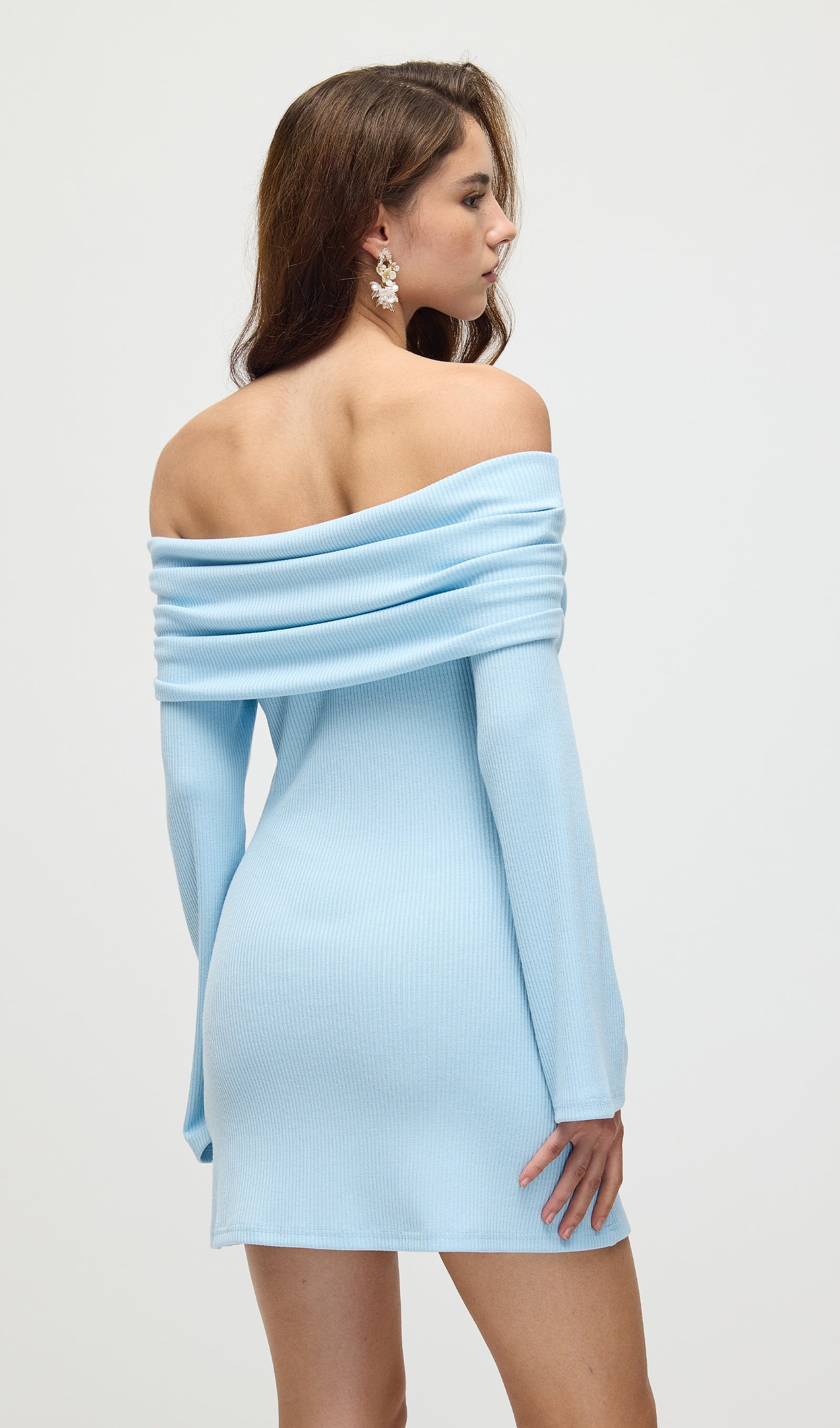 Off Shoulder Rib Knit Mini Dress In Baby Blue