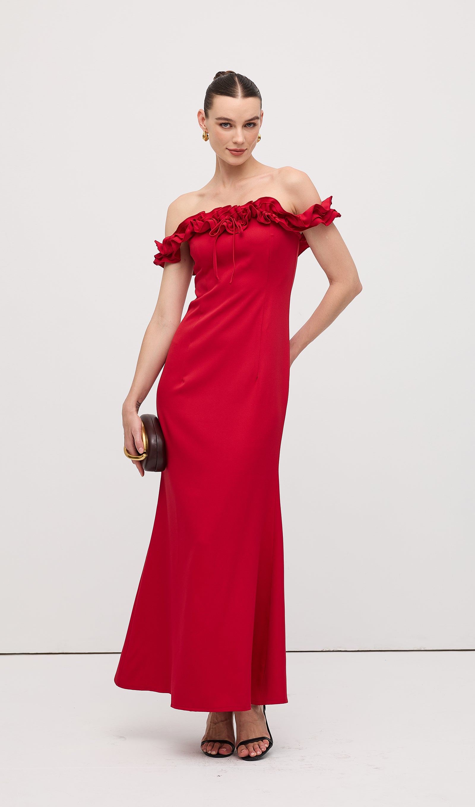 Ruffle Off Shoulder Maxi Dress Red