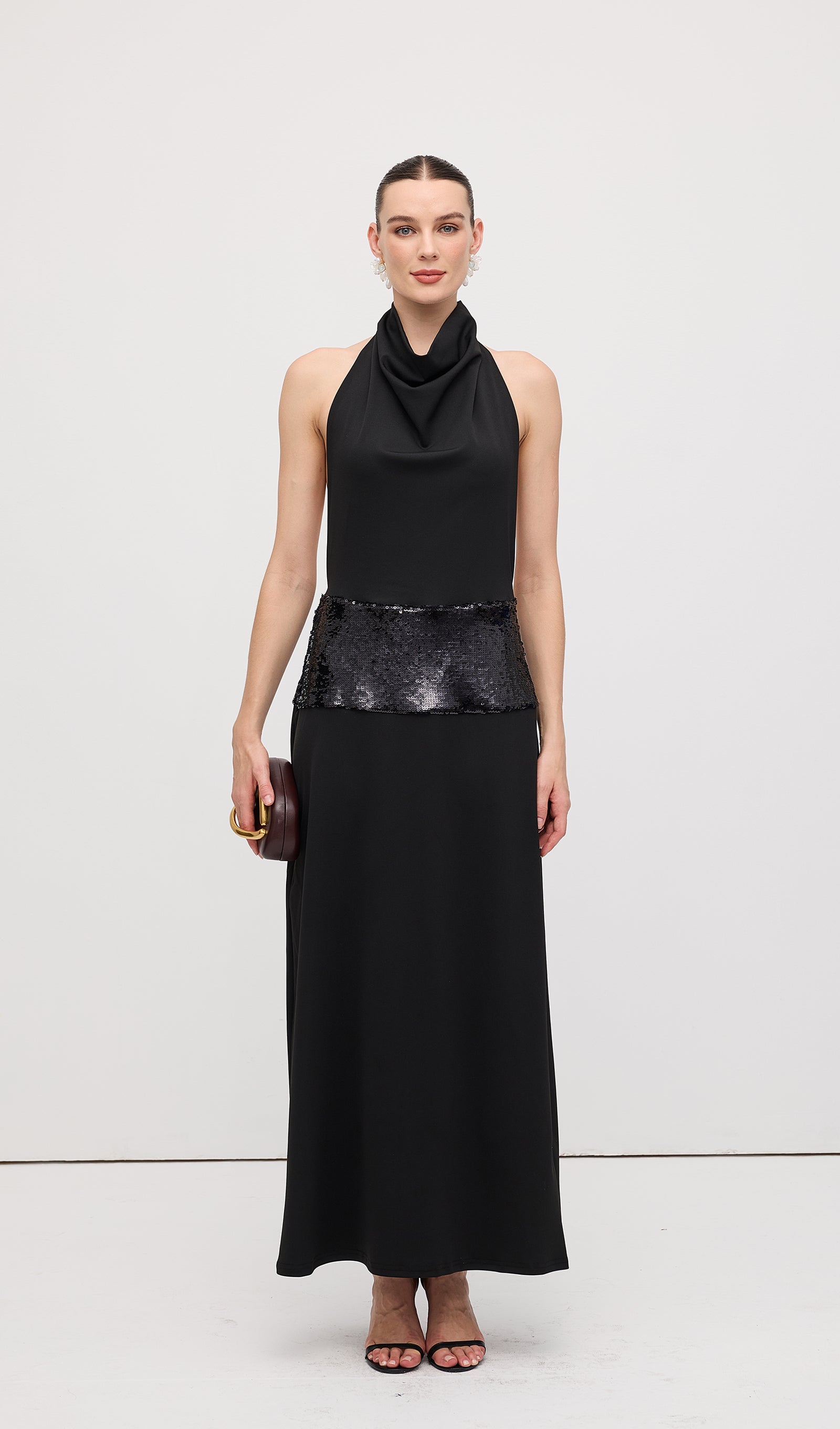 Draped Cowl Neck Open Back Maxi Dress