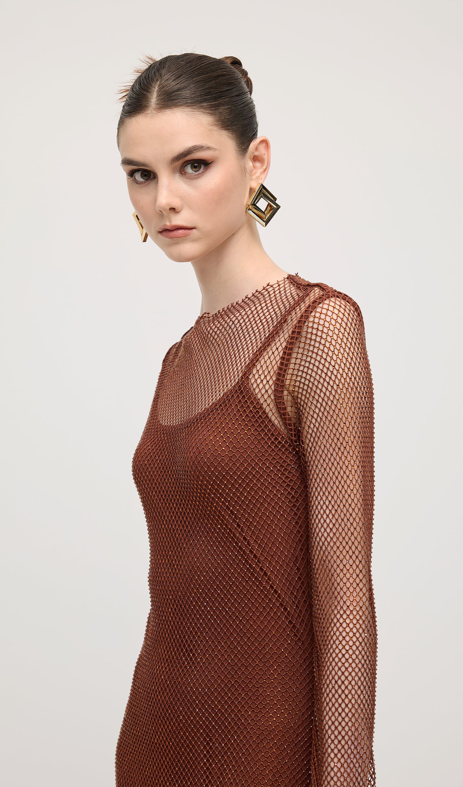 Mesh With Monochrome Lining  Maxi Dress In Coffee