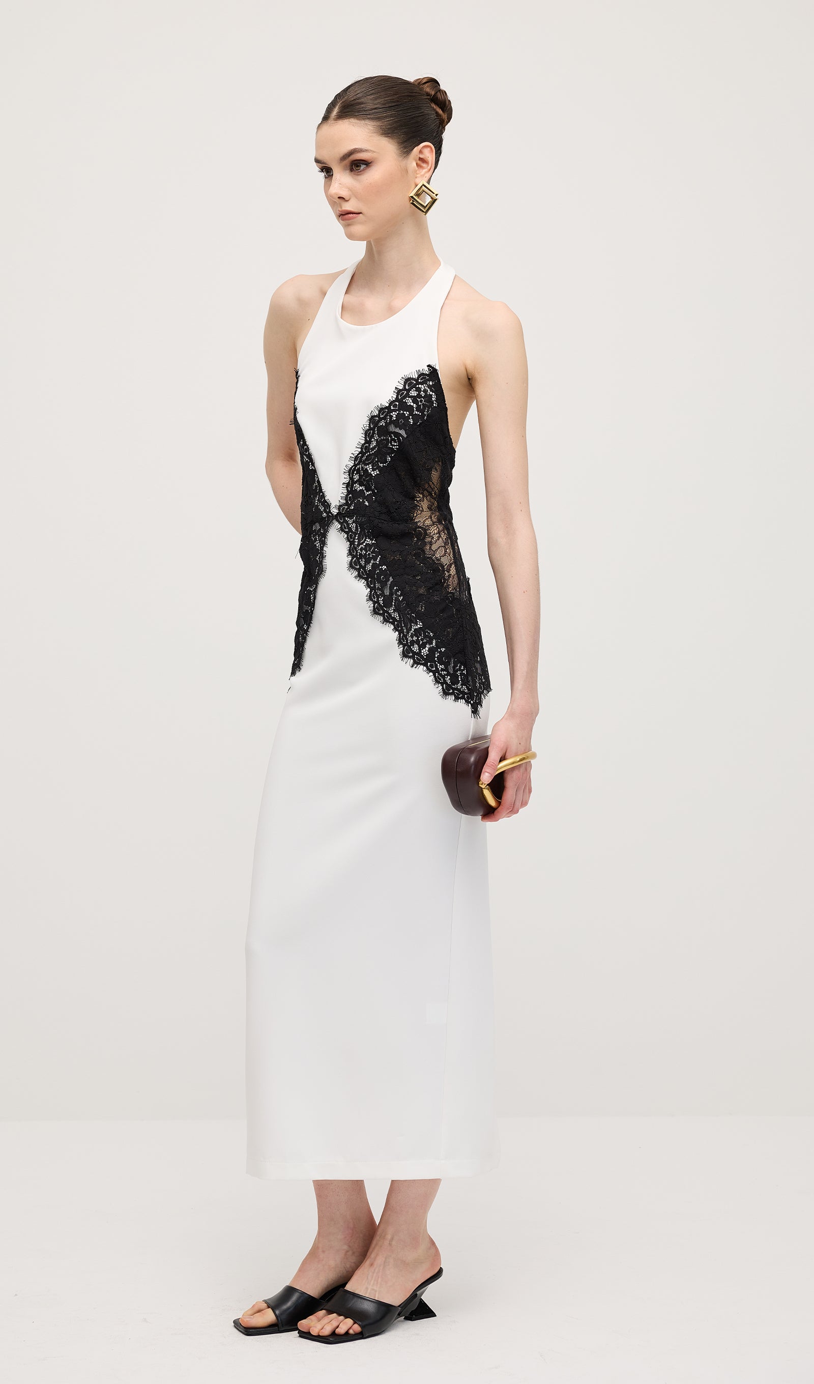 Open Back Maxi Dress In Crepe & Lace