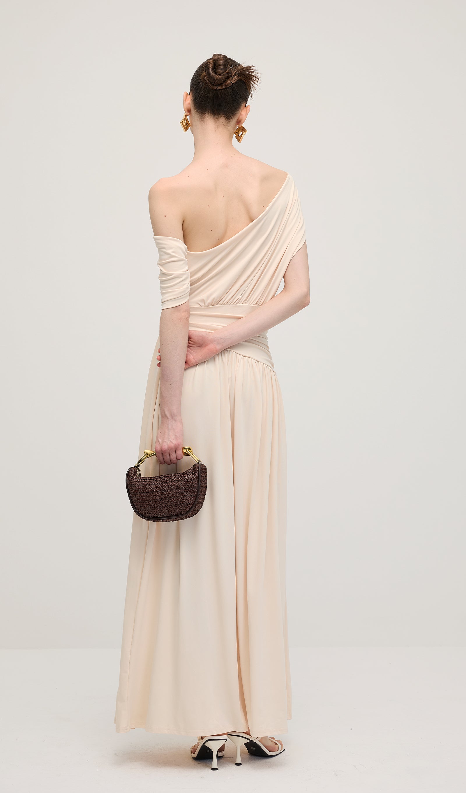 Off Shoulder Pleated Maxi Dress In Dune