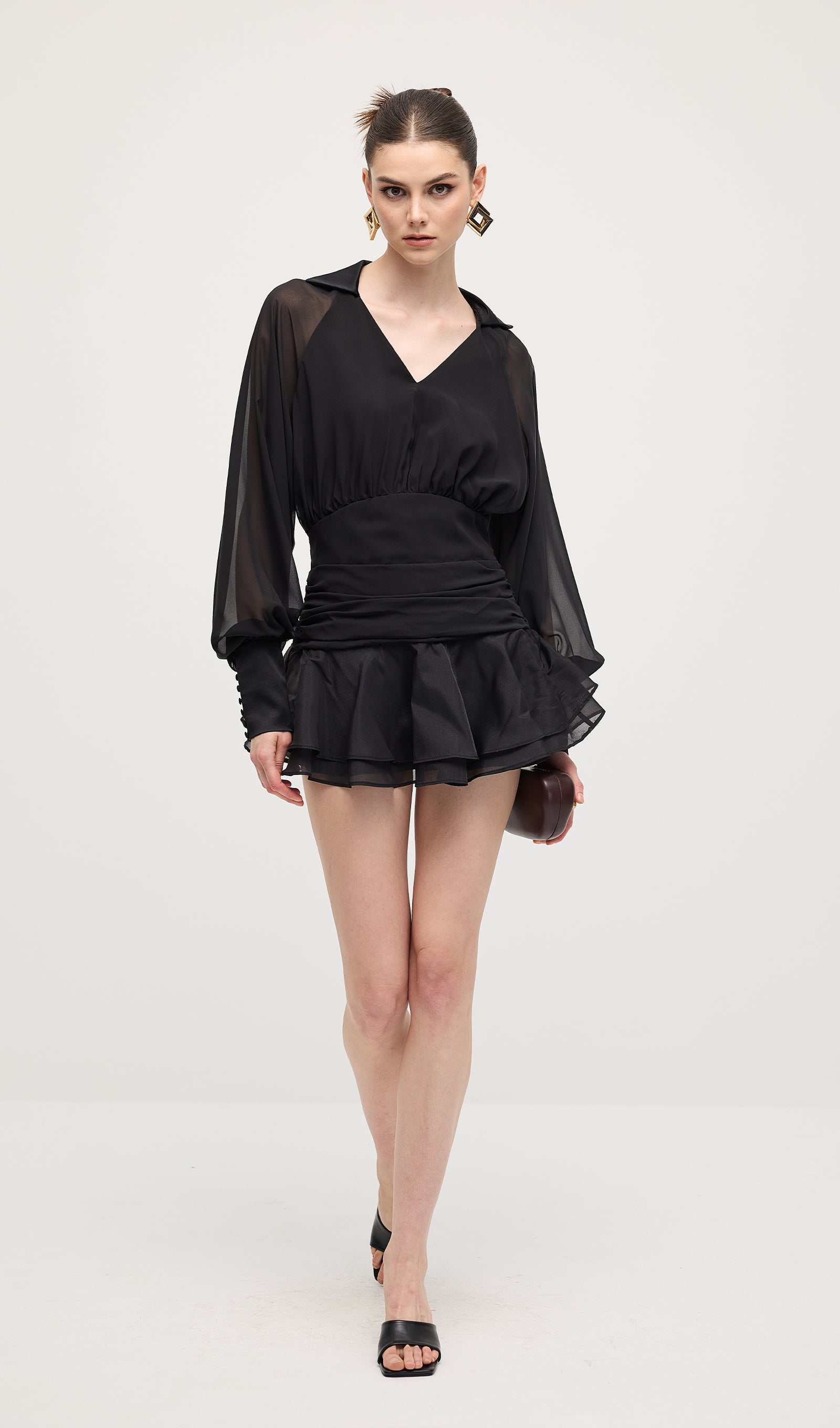 Solid Lantern Sleeve Mini Dress In Black