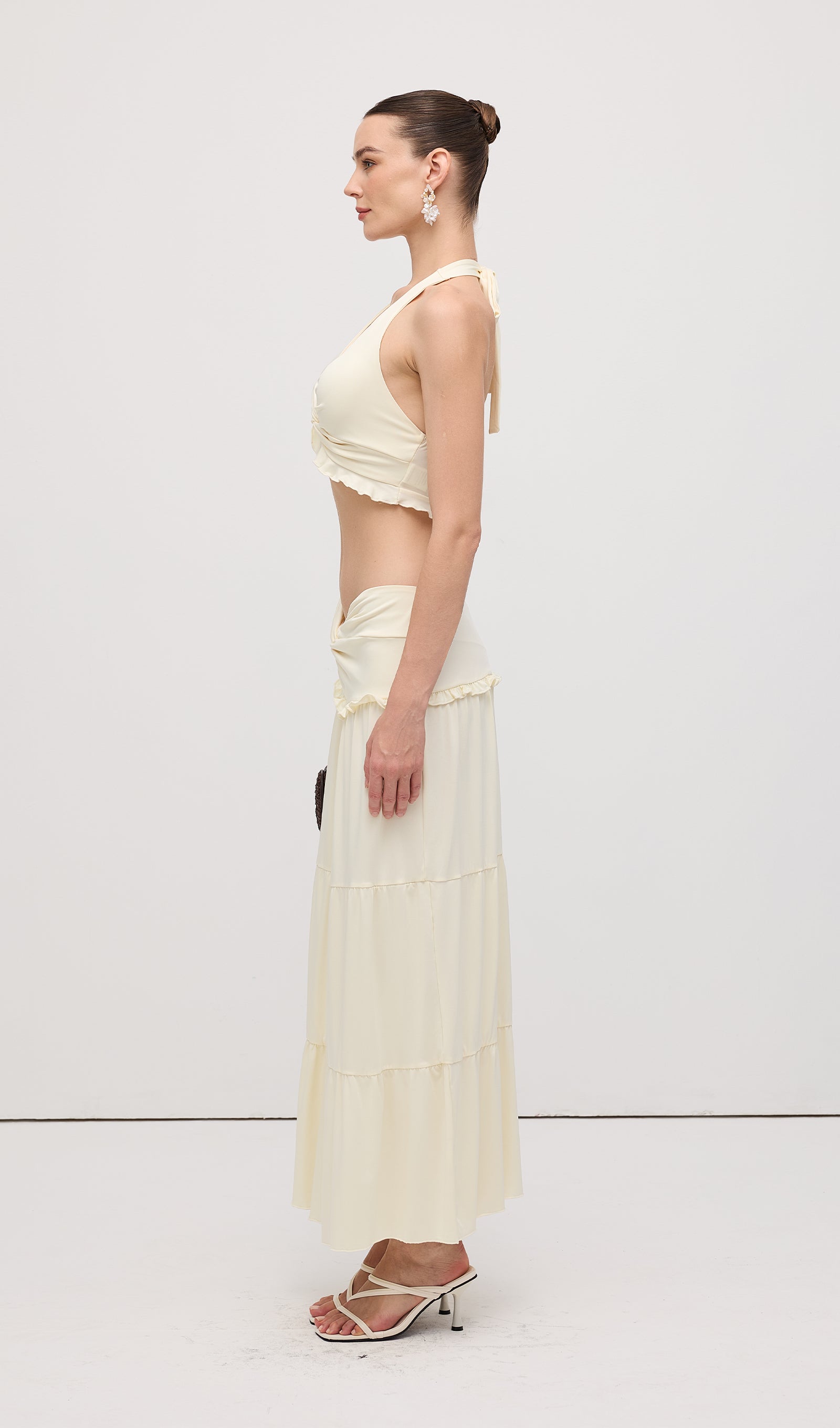 Halter Top & Twist Ruffled Maxi Skirt Sets White