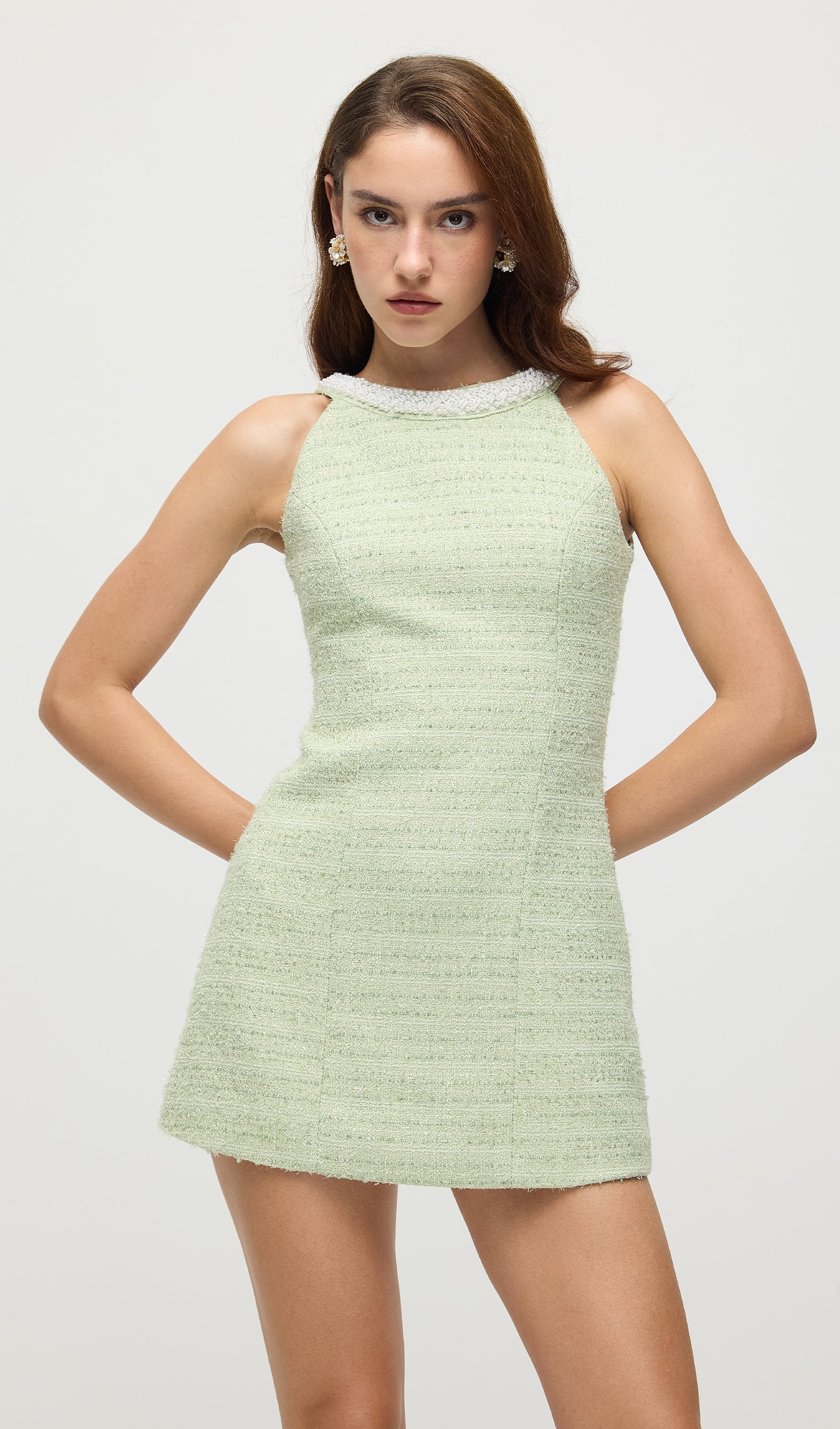 Halter Tweed Mini Dress In Mint