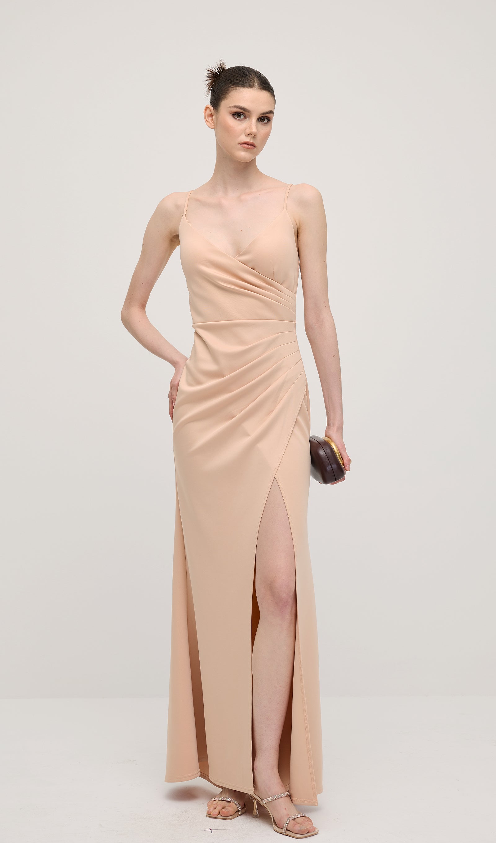 V Neck Sleeveless Slit Maxi Dress In Apricot
